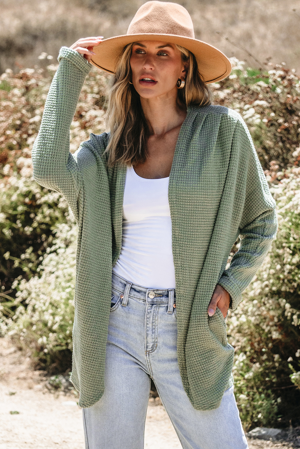 Laurel Green Waffle Knit Open Front Cardigan - loveforevers