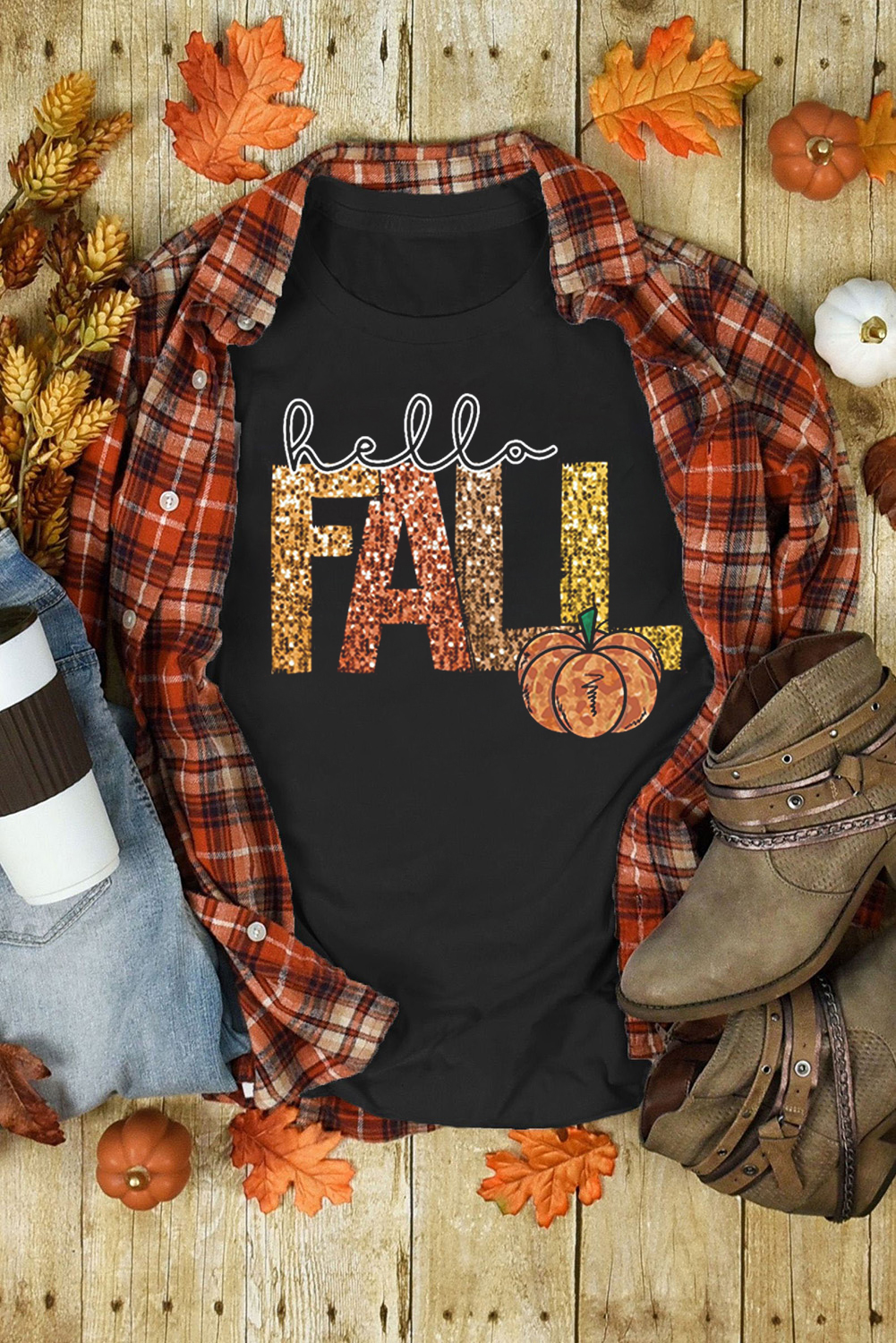 Black Hello Fall Letter Pumpkin Printed Thanksgiving T Shirt - loveforevers