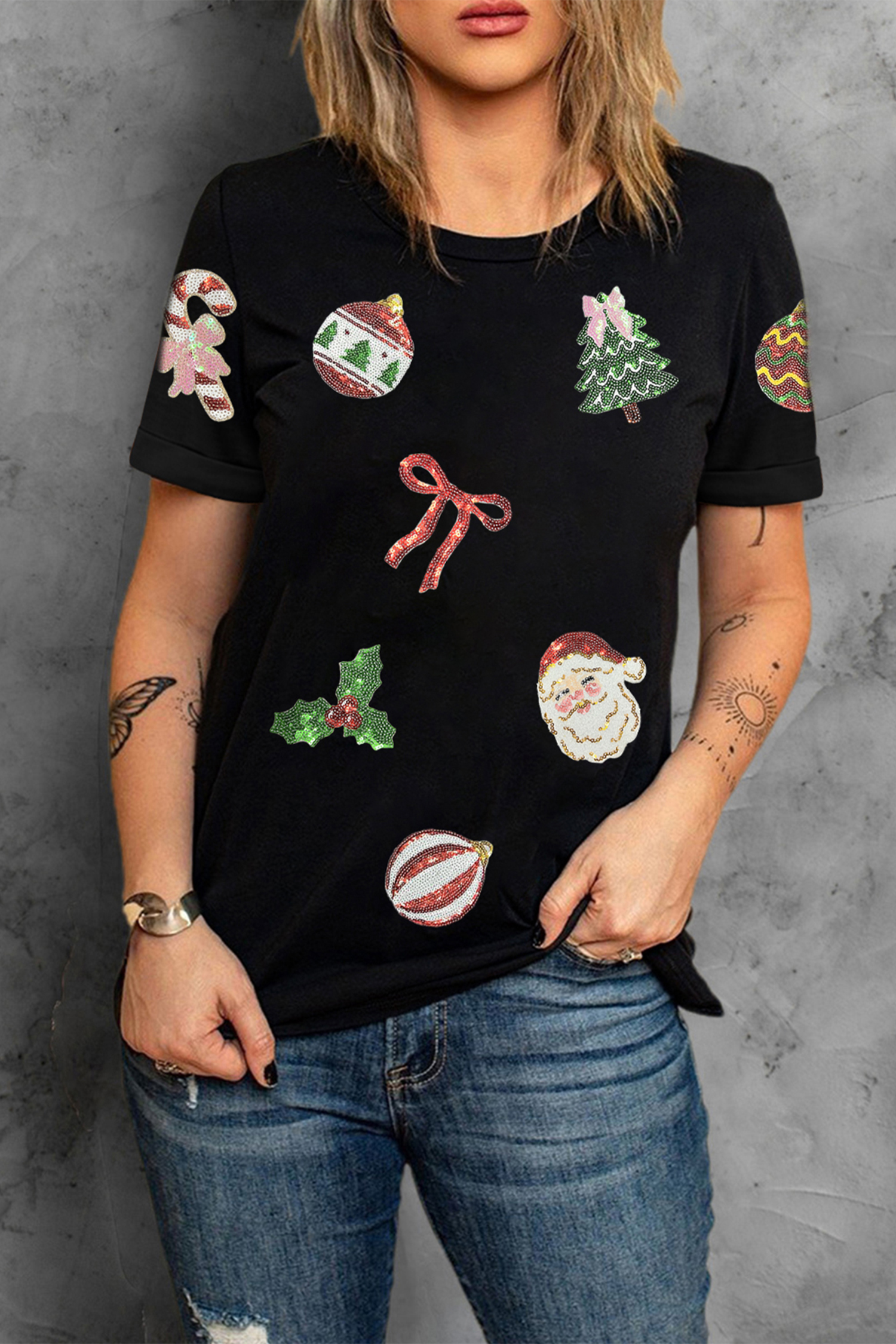 Black Multi Christmas Element Sequin Patched Graphic Tee - loveforevers