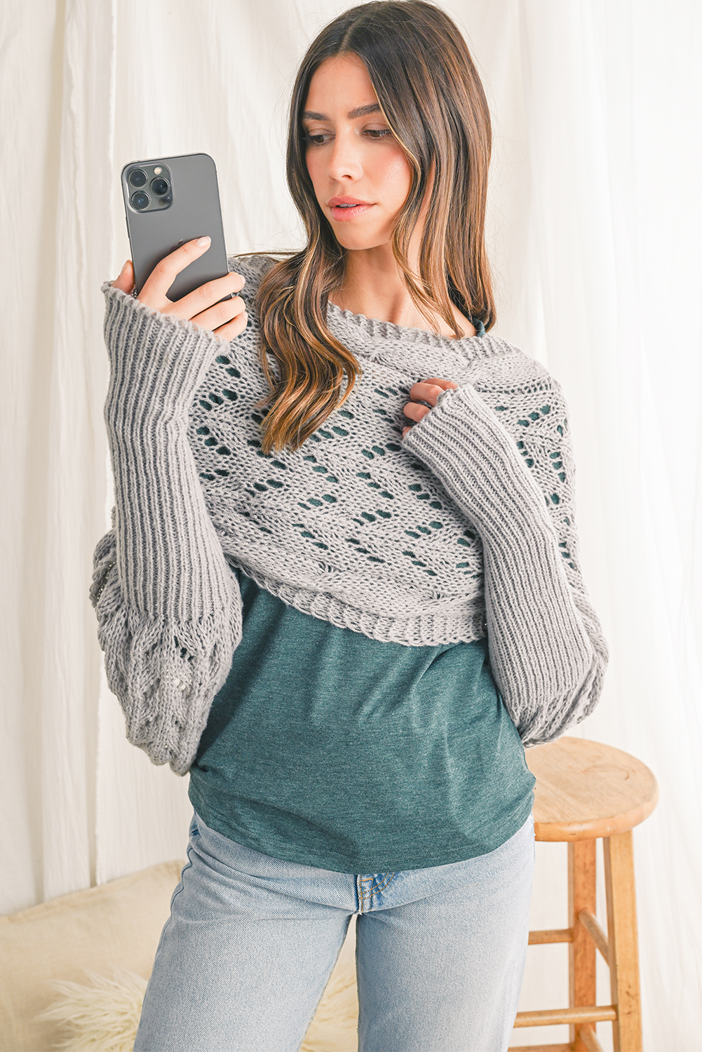 Gray Cross Detail Hollowed Knit Scarf with Sleeves - loveforevers