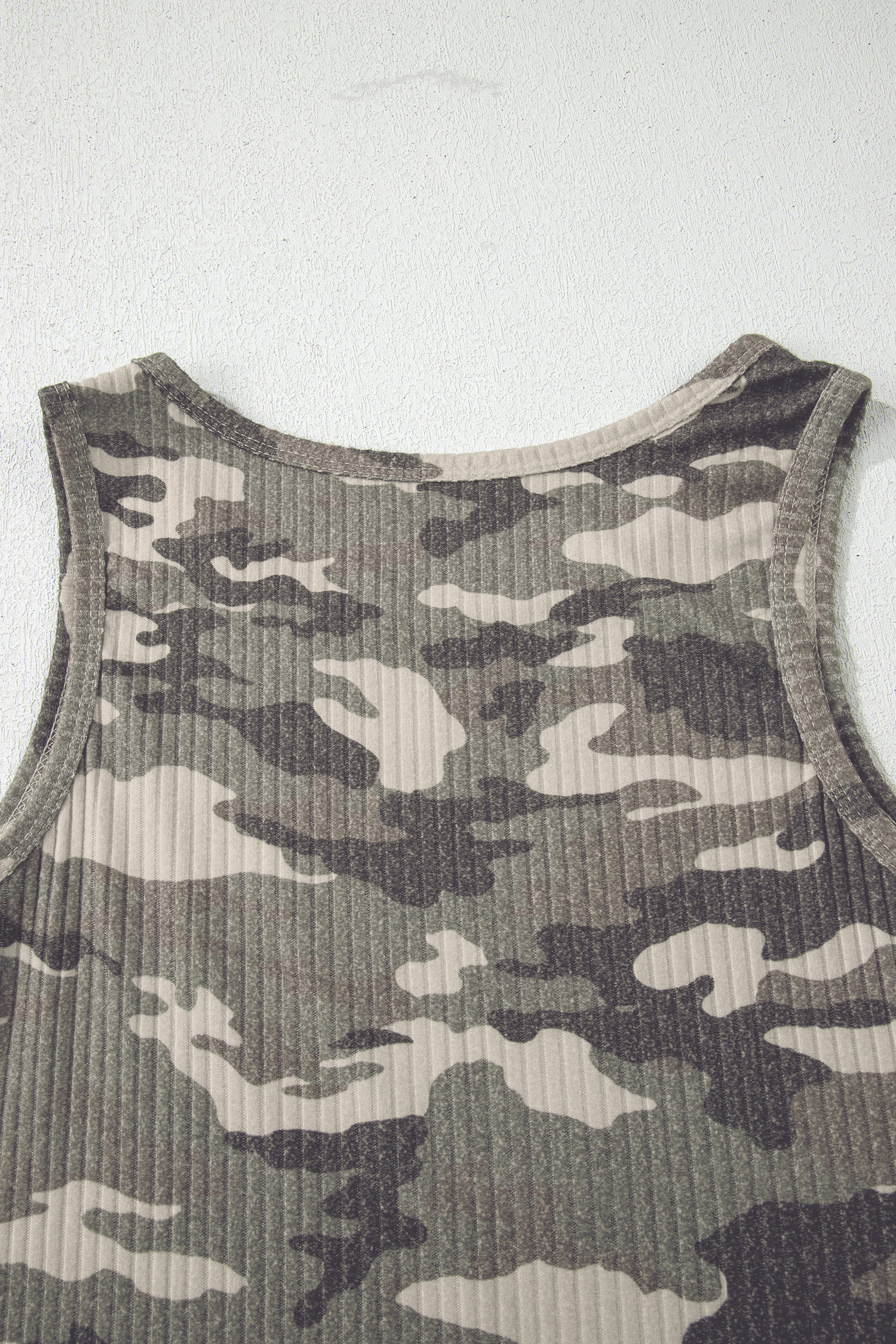 Gray Camouflage Print Ribbed Knit Round Neck Tank Top - loveforevers