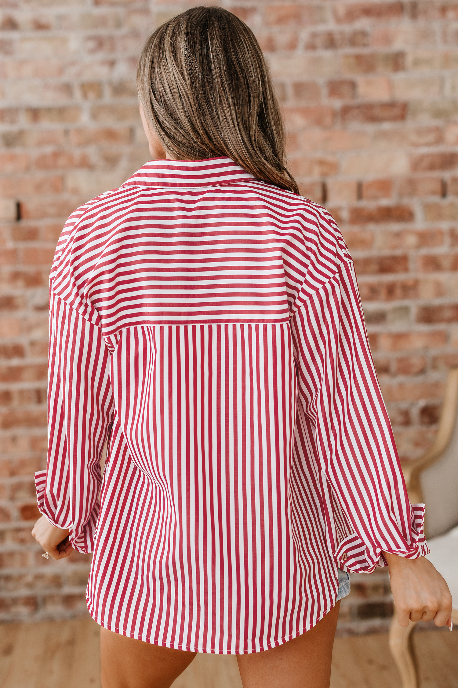 Red Stripe Patched Pocket Side Slit Loose Shirt - loveforevers