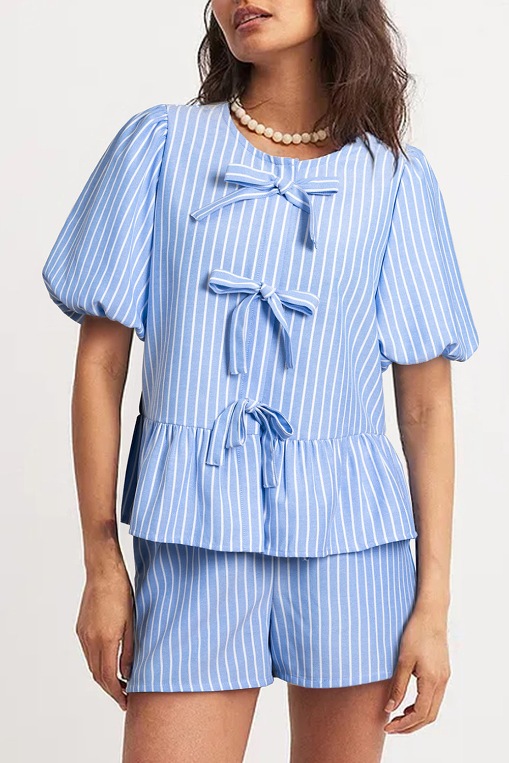 Sky Blue Striped Bowknot Detail Puffy Sleeve Top and Shorts 2Pcs Set - loveforevers
