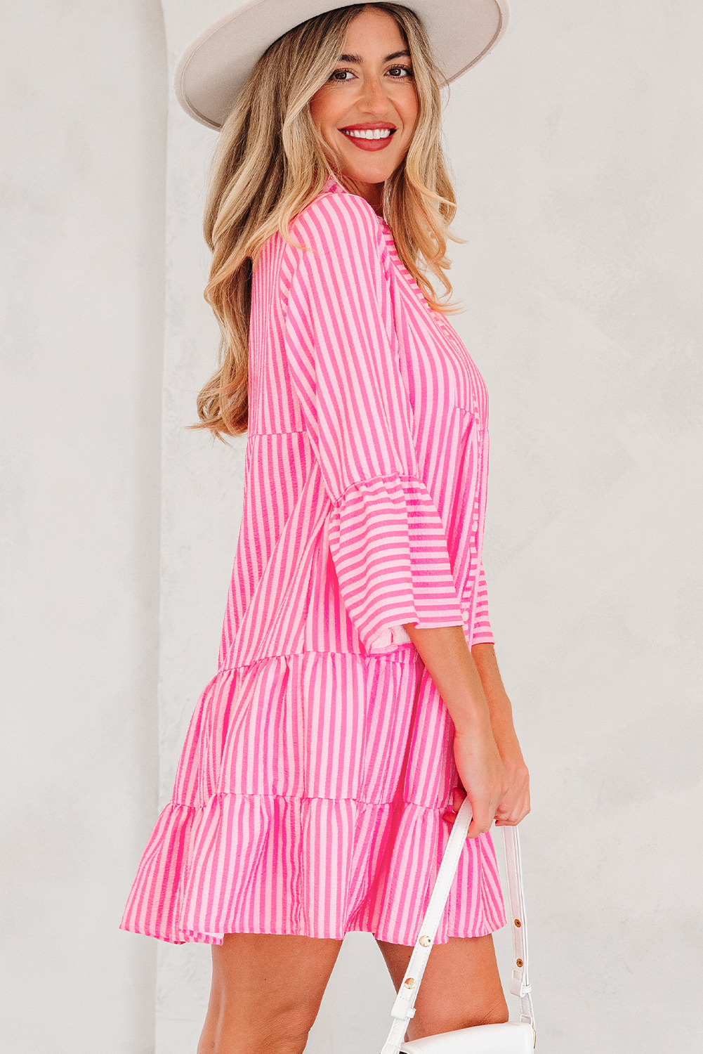 Pink Stripe Flare Sleeve Half Placket Tiered Flowy Mini Dress - loveforevers