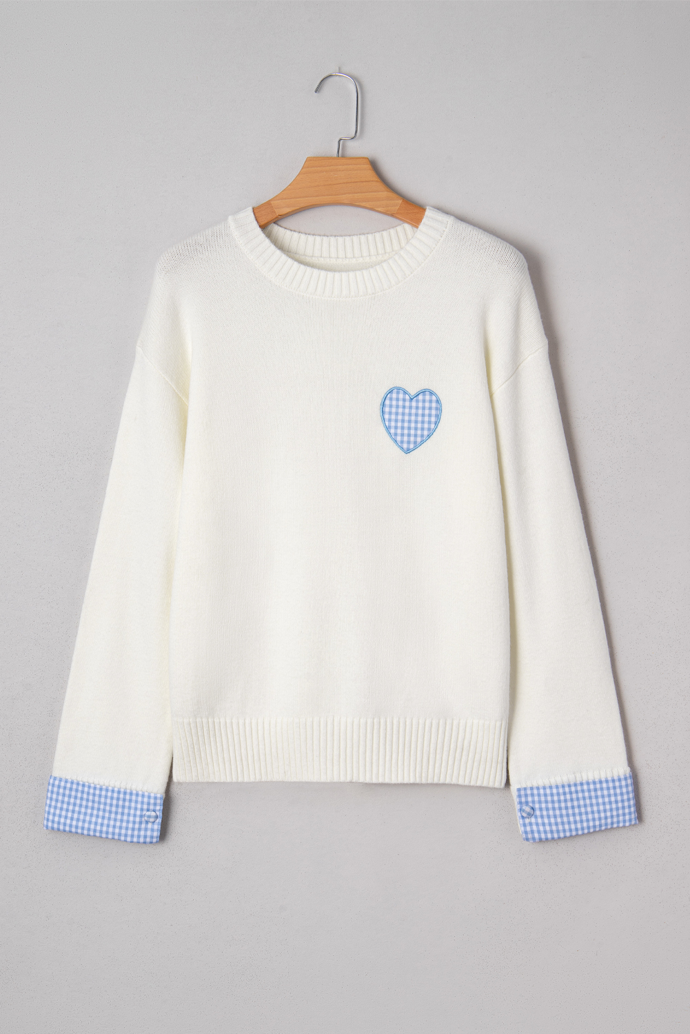 Light Pink Plaid Heart Embroidered Cuffed Drop Shoulder Crew Neck Sweater - loveforevers
