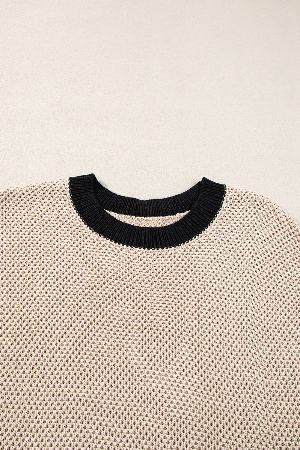 Light French Beige Contrast Trim Round Neck Batwing Sleeve Sweater Top - loveforevers