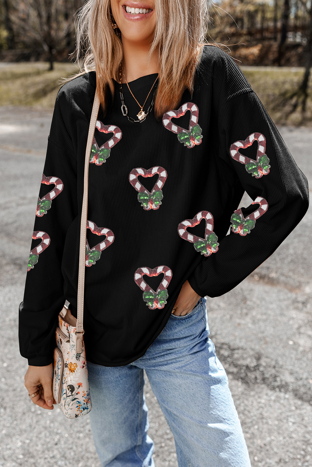 Black Sequin Christmas Candy Cane Heart Graphic Drop Shoulder Ribbed Sweatshirt - loveforevers