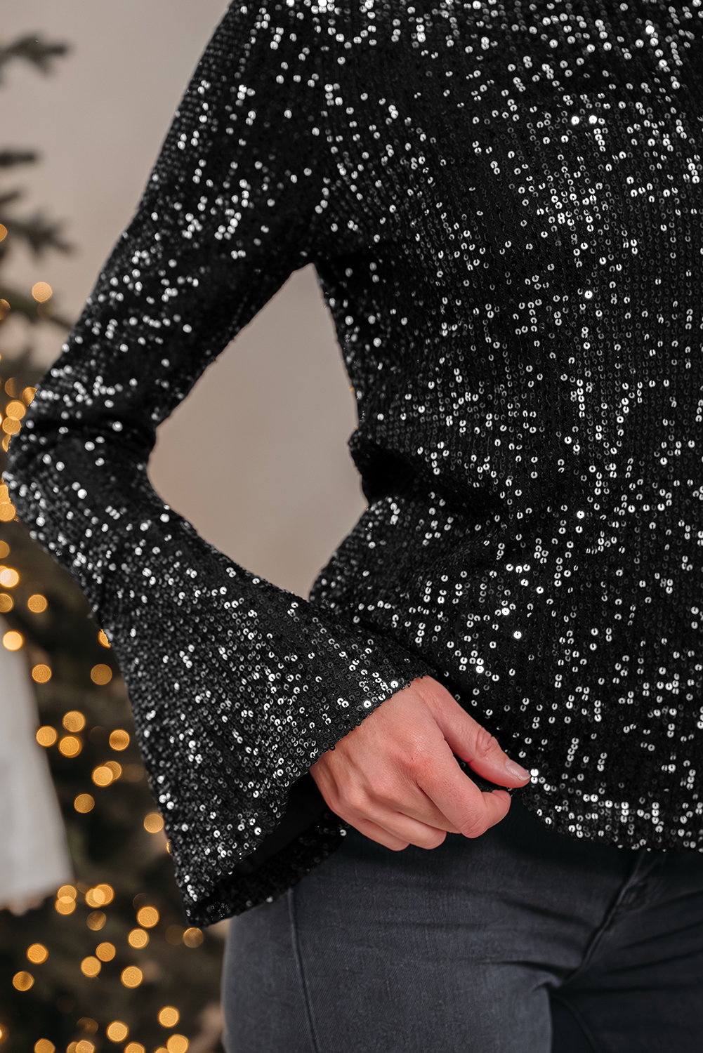 Jet Stream Sequin Mock Neck Drape Open Back Bell Sleeve Top - loveforevers
