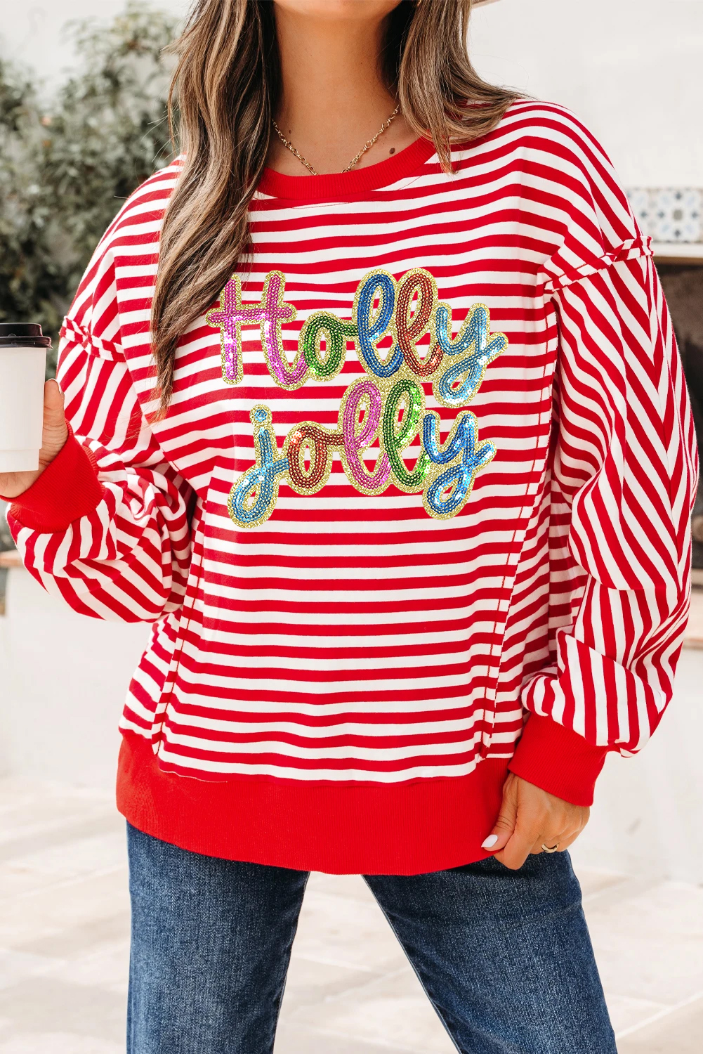 Red Stripe Holly Jolly Sequin Graphic Drop Shoulder Long Sleeve Top - loveforevers