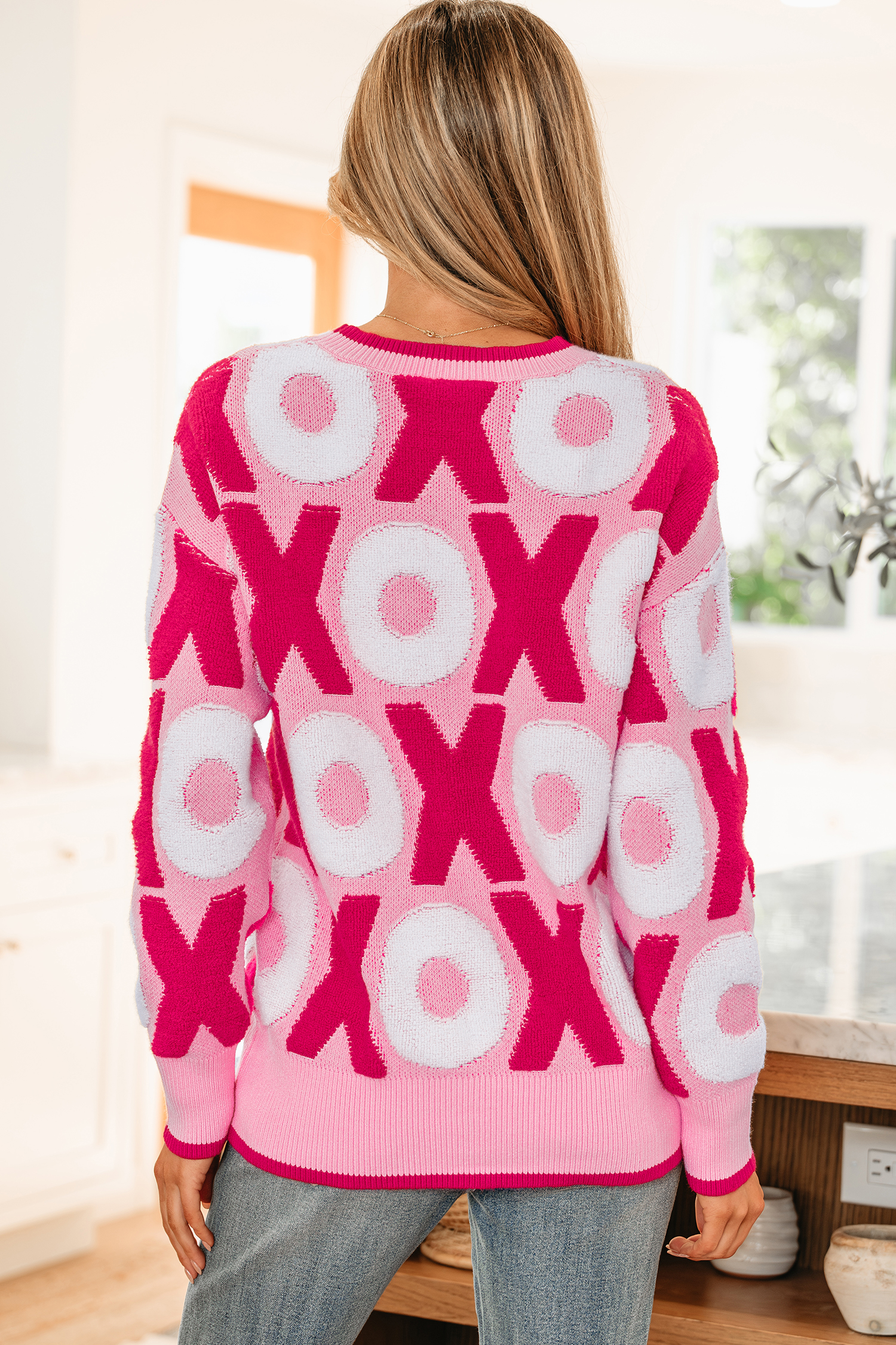 Pink XOXO Pattern Drop Shoulder Crewneck Valentines Sweater - loveforevers