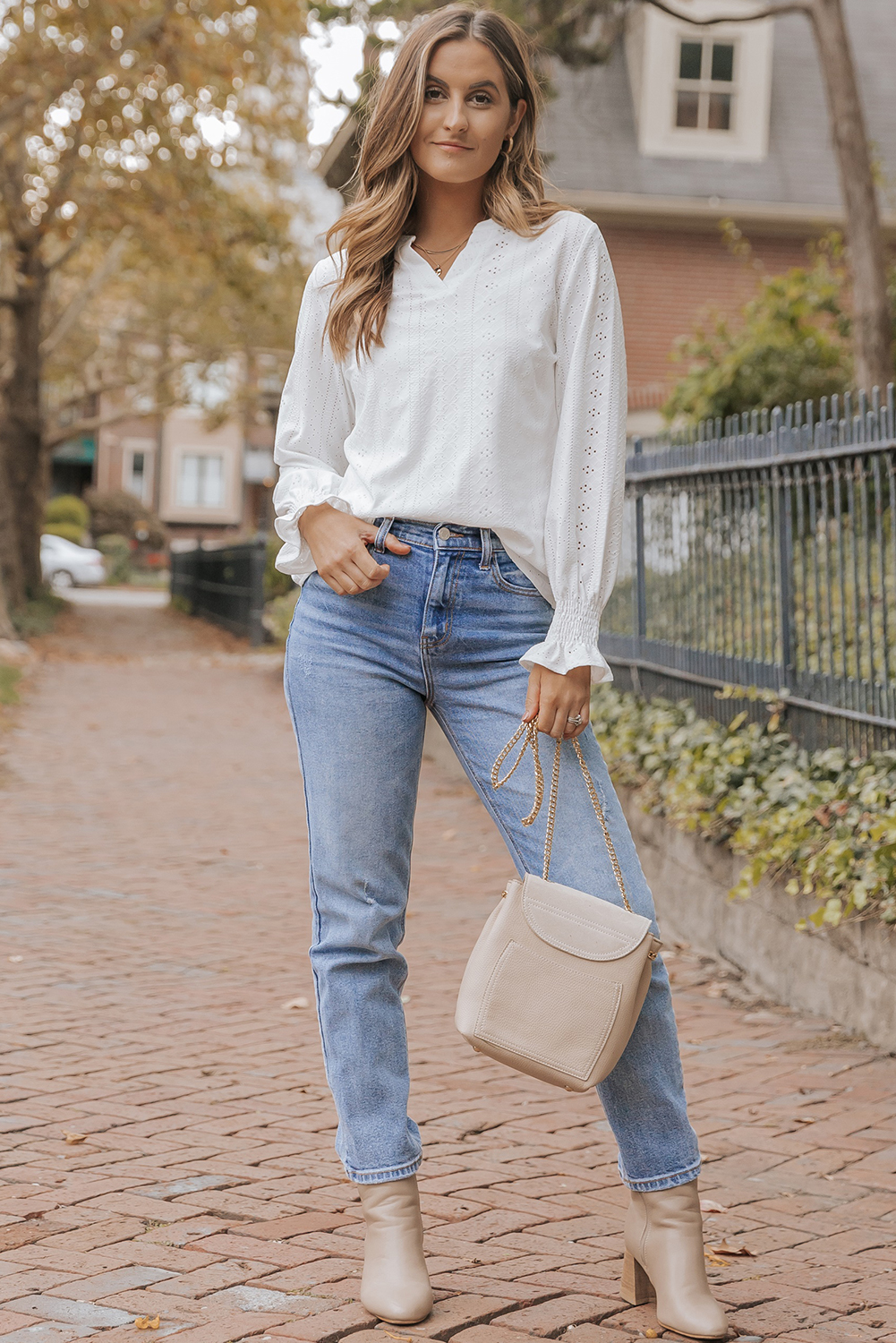 White Split Neck Textured Loose Blouse - loveforevers