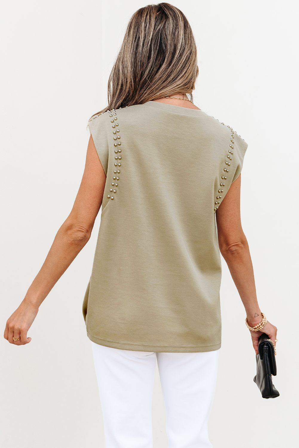 Sage Green Studded Cap Sleeve Round Neck T Shirt - loveforevers