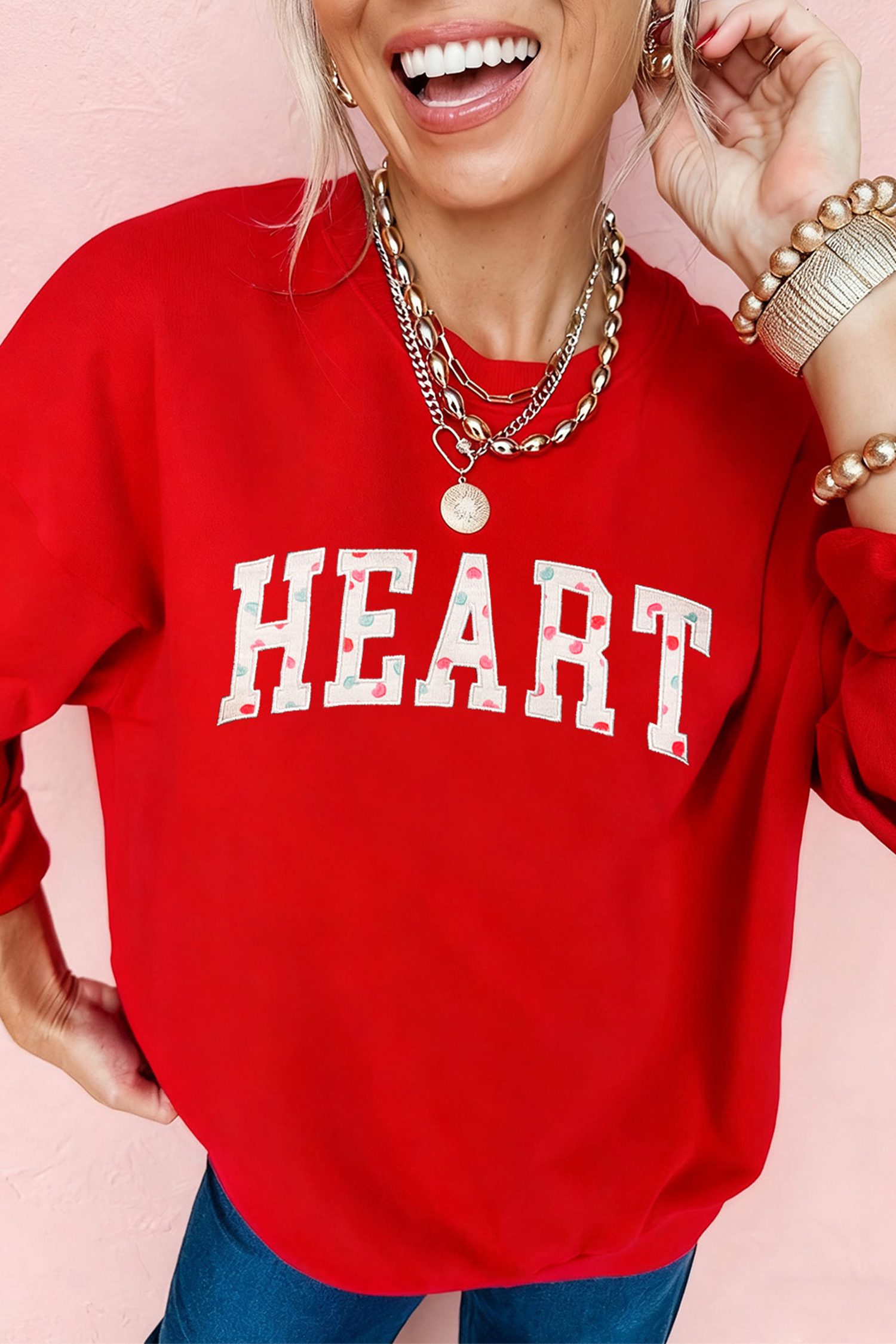 Red HEART Embroidered Patched Graphic Valentine Sweatshirt - loveforevers