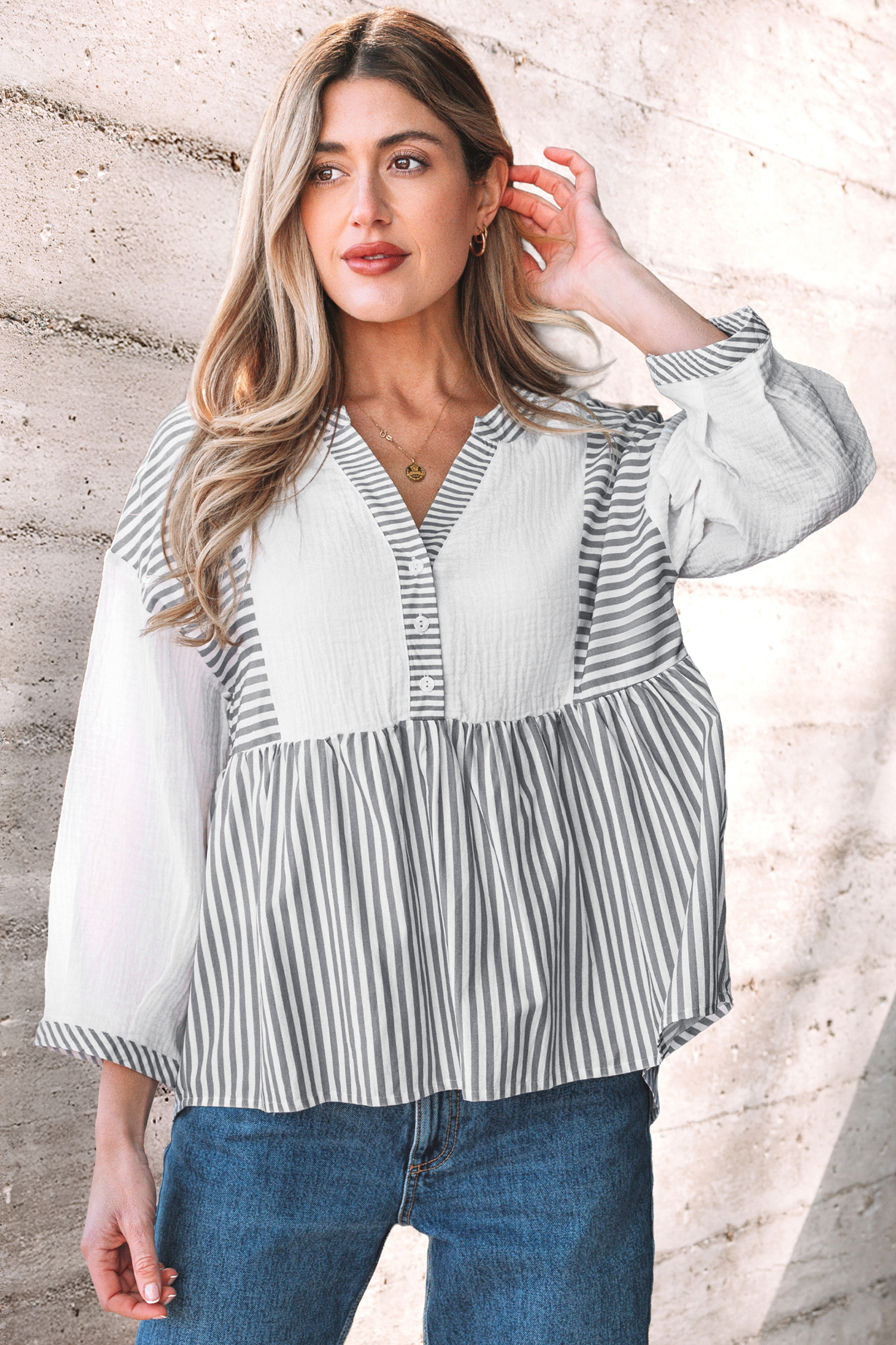 Gray Stripe Half Button Gauze Patchwork Bracelet Sleeve Babydoll Blouse - loveforevers