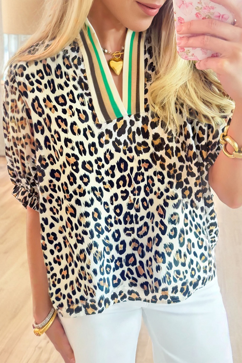 Khaki Leopard Color Block Contrast Striped V Neck Half Sleeve Loose Fit Blouse - loveforevers