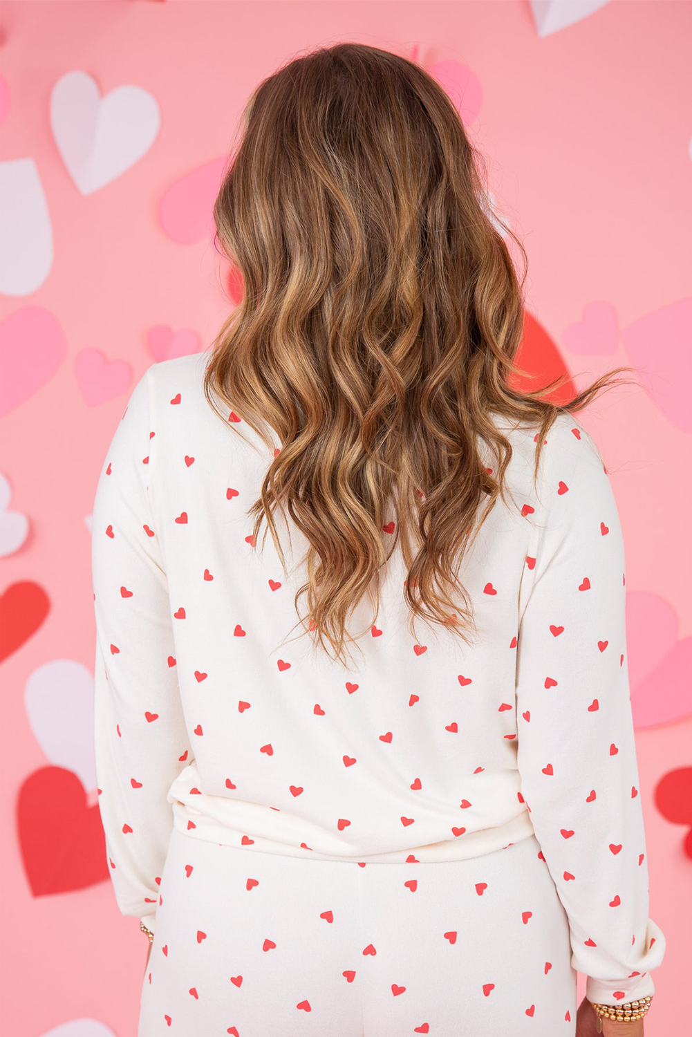Fiery Red Tiny Hearts Printed Long Sleeve Top Drawstring Lounge Pant Set - loveforevers