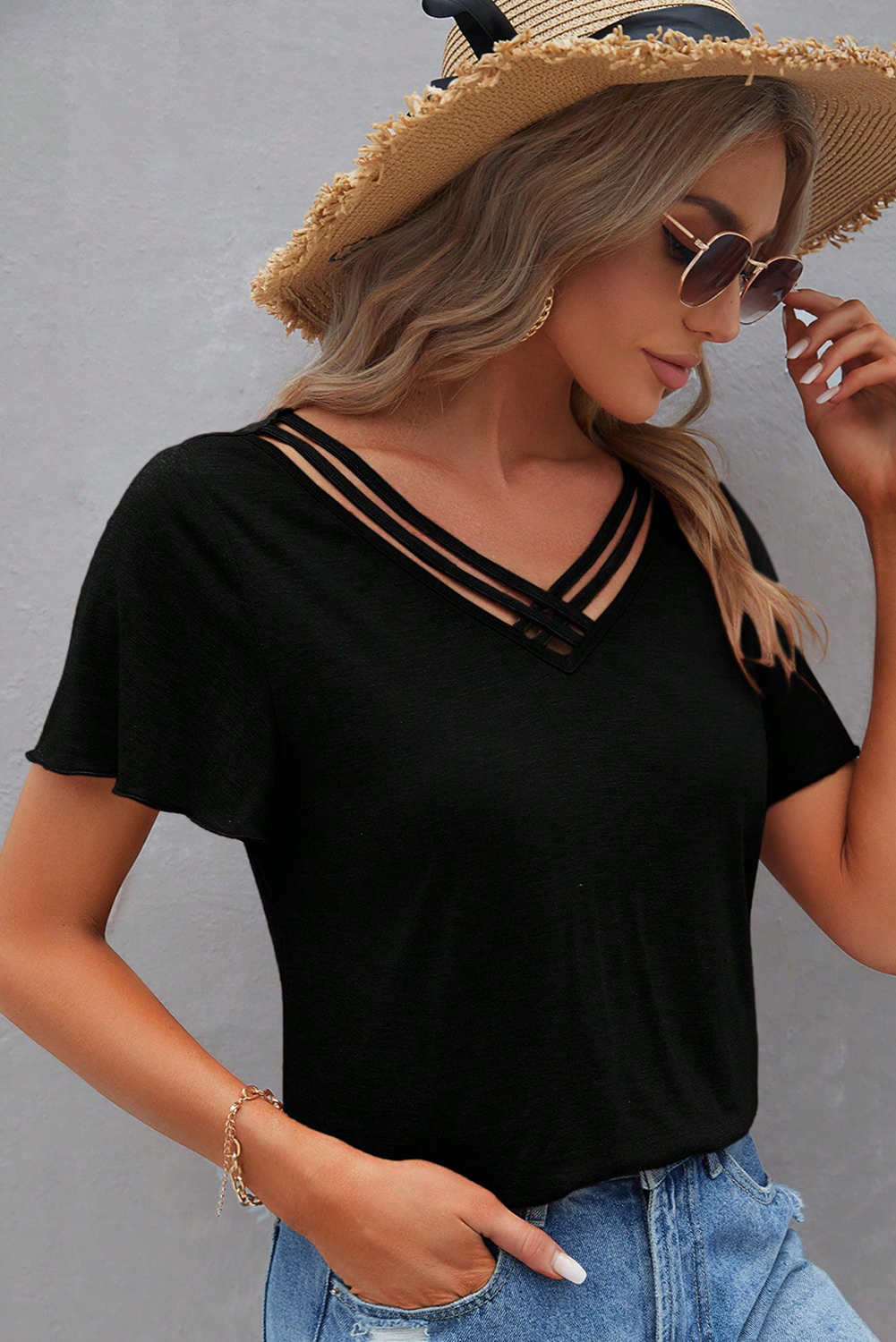 Black Crisscross V Neck Butterfly Sleeve T Shirt - loveforevers