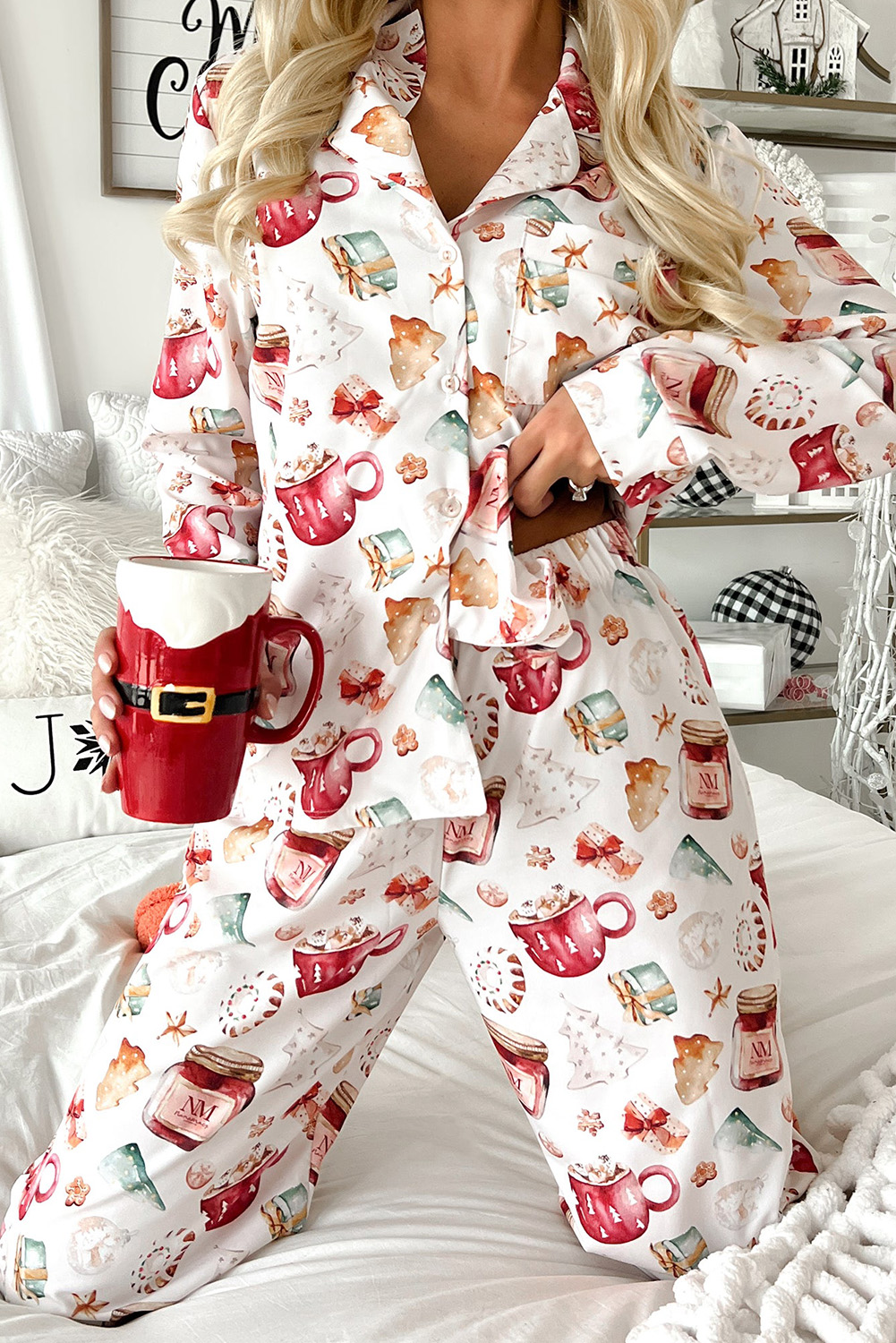 White Christmas Pattern Long Sleeve Shirt and Pants Pajama Set - loveforevers