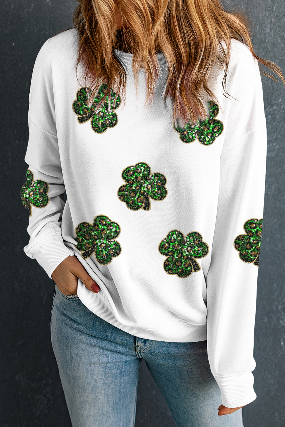 White Sequin Clover Patched Pattern St Patrick Pullover Sweatshirt - loveforevers