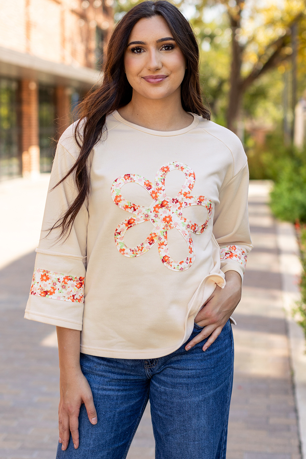 Beige Flower Patch Graphic Exposed Seam Wide Sleeve Top - loveforevers