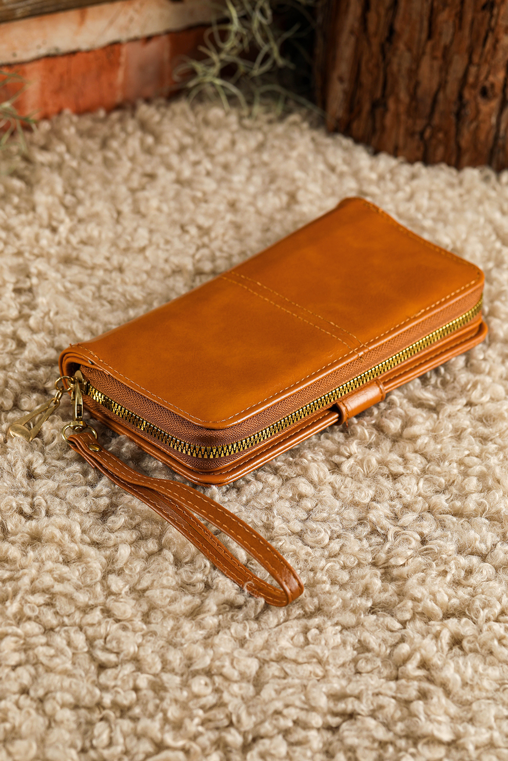 Cinnamon Faux Leather Zip Around Wrist Strap Long Wallet - loveforevers