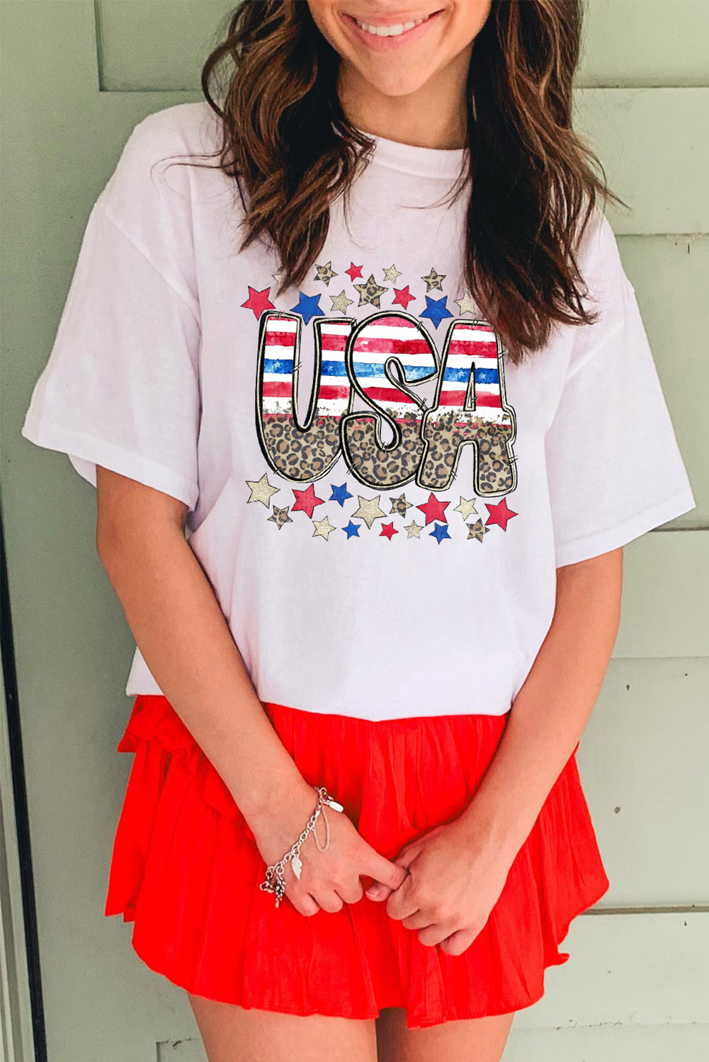 White Patriotic Star Leopard USA Letter Graphic T Shirt - loveforevers