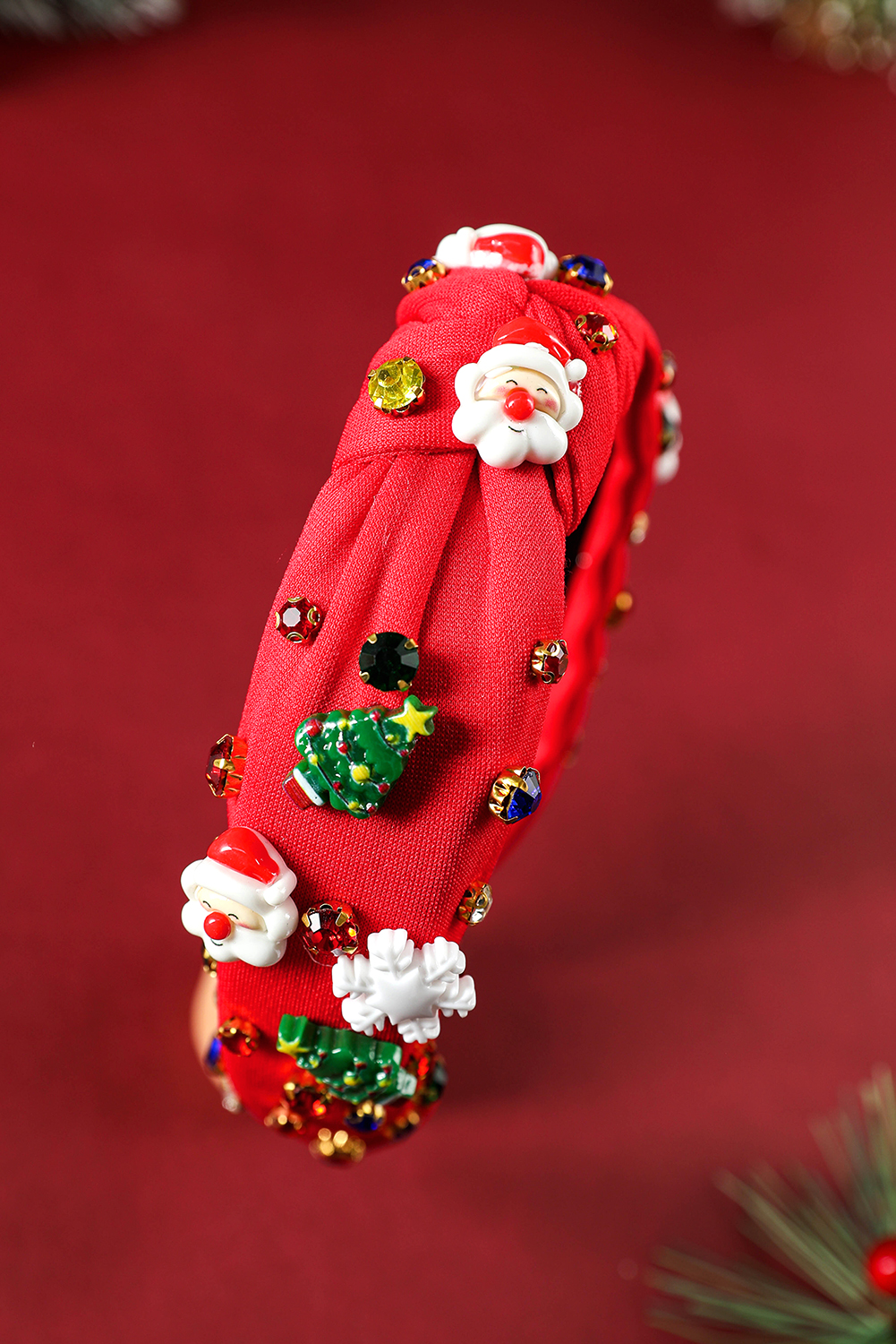 Fiery Red Cartoon Christmas Pattern Rhinestone Knotted Headband - loveforevers
