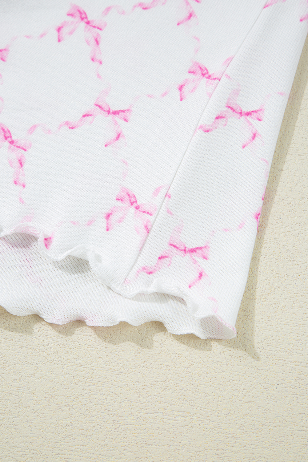 Pink Bow Knot Geometric Print Lettuce Trim Two Piece Lounge Set - loveforevers