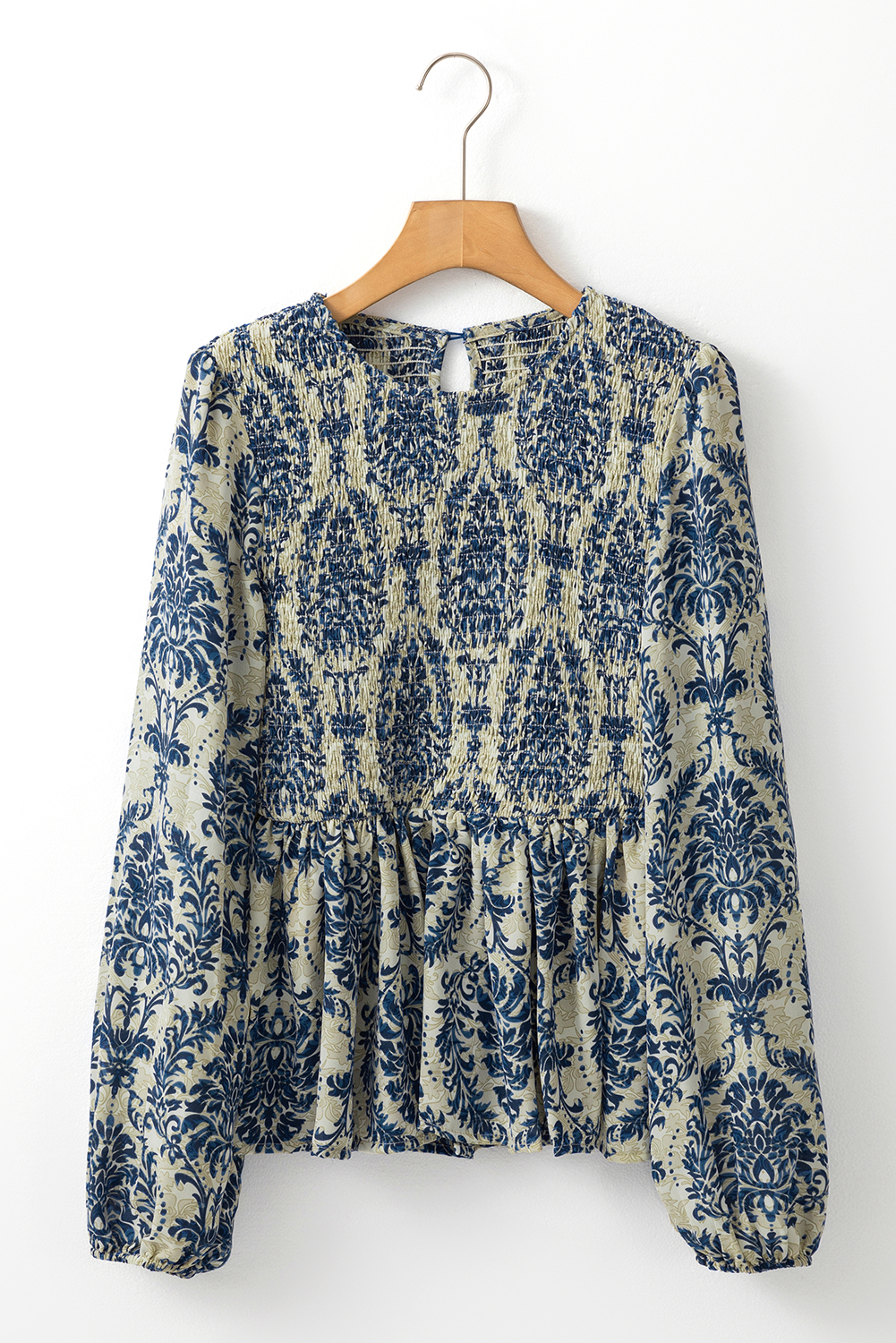 Sky Blue Boho Printed Balloon Sleeve Smocked Peplum Blouse - loveforevers