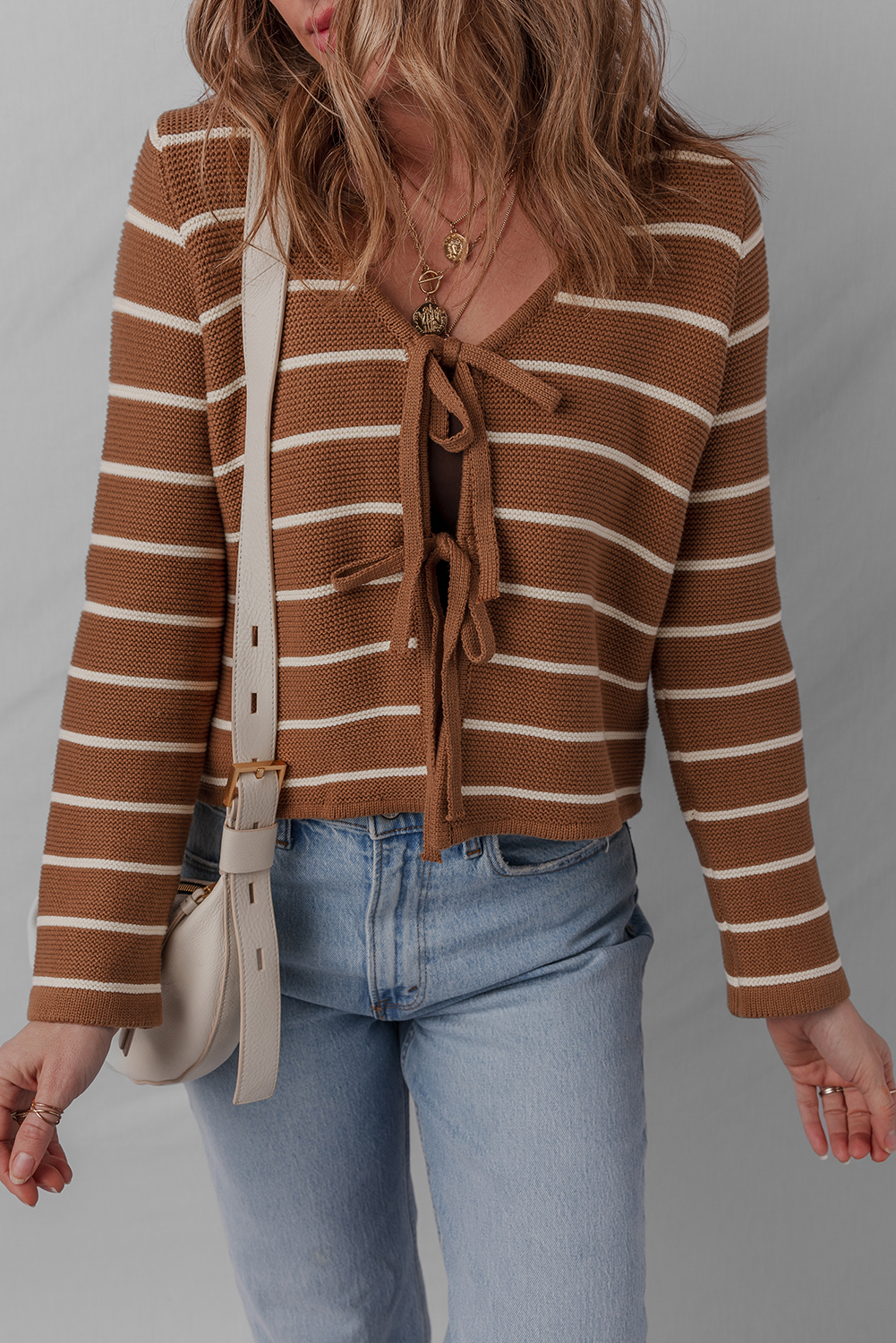 Chestnut Tie Front Striped Knit V Neck Cardigan Sweater - loveforevers