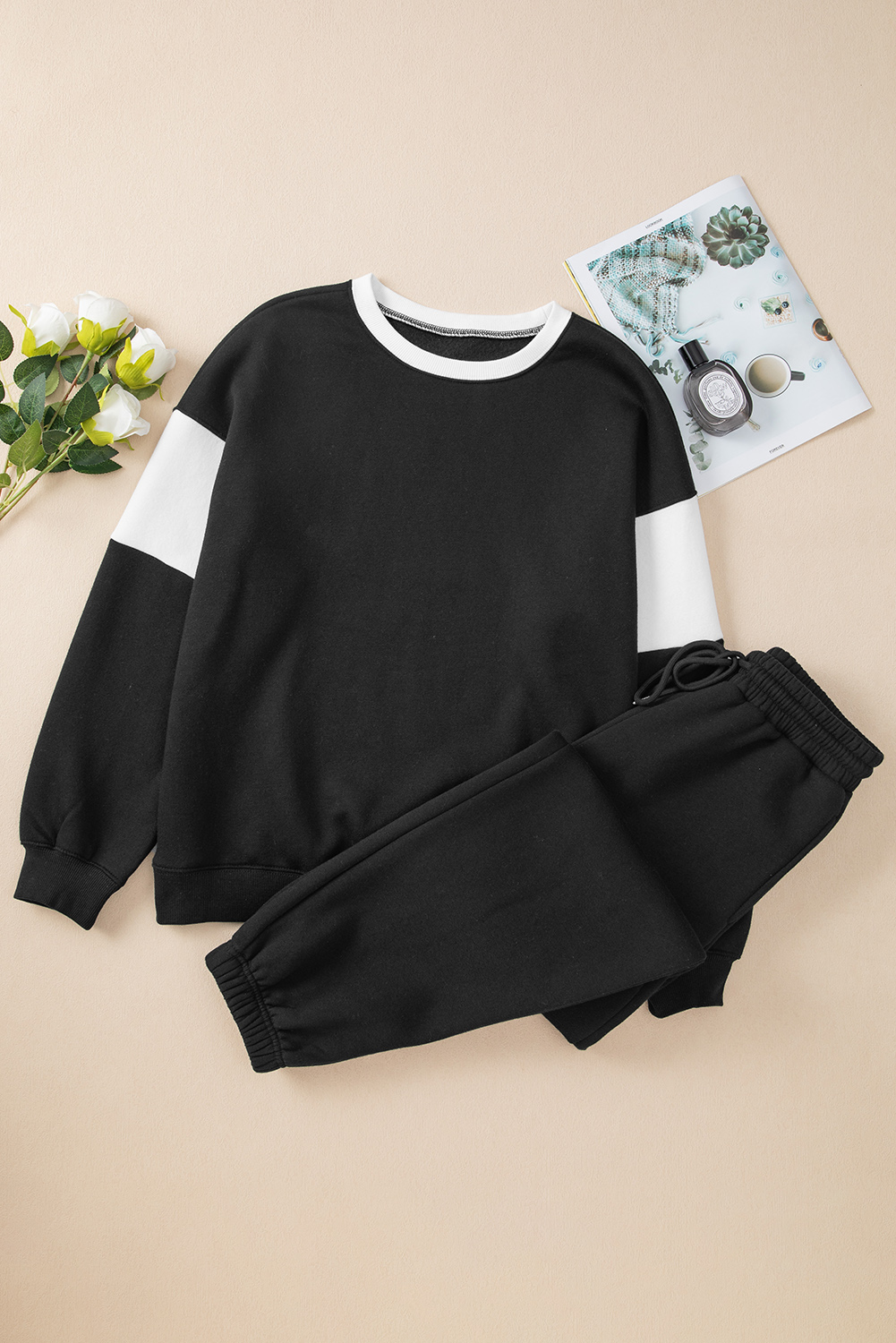 Black Drop Shoulder Loose Sweatshirt and Joggers Active Set - loveforevers