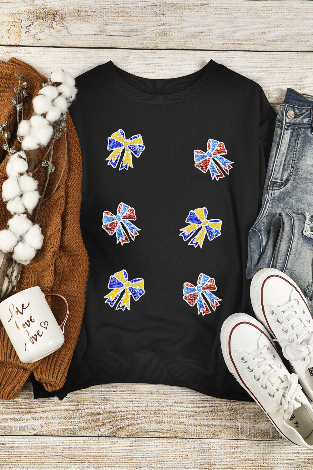 Black Shimmering Bow Patched Pattern Game Day Sweatshirt - loveforevers