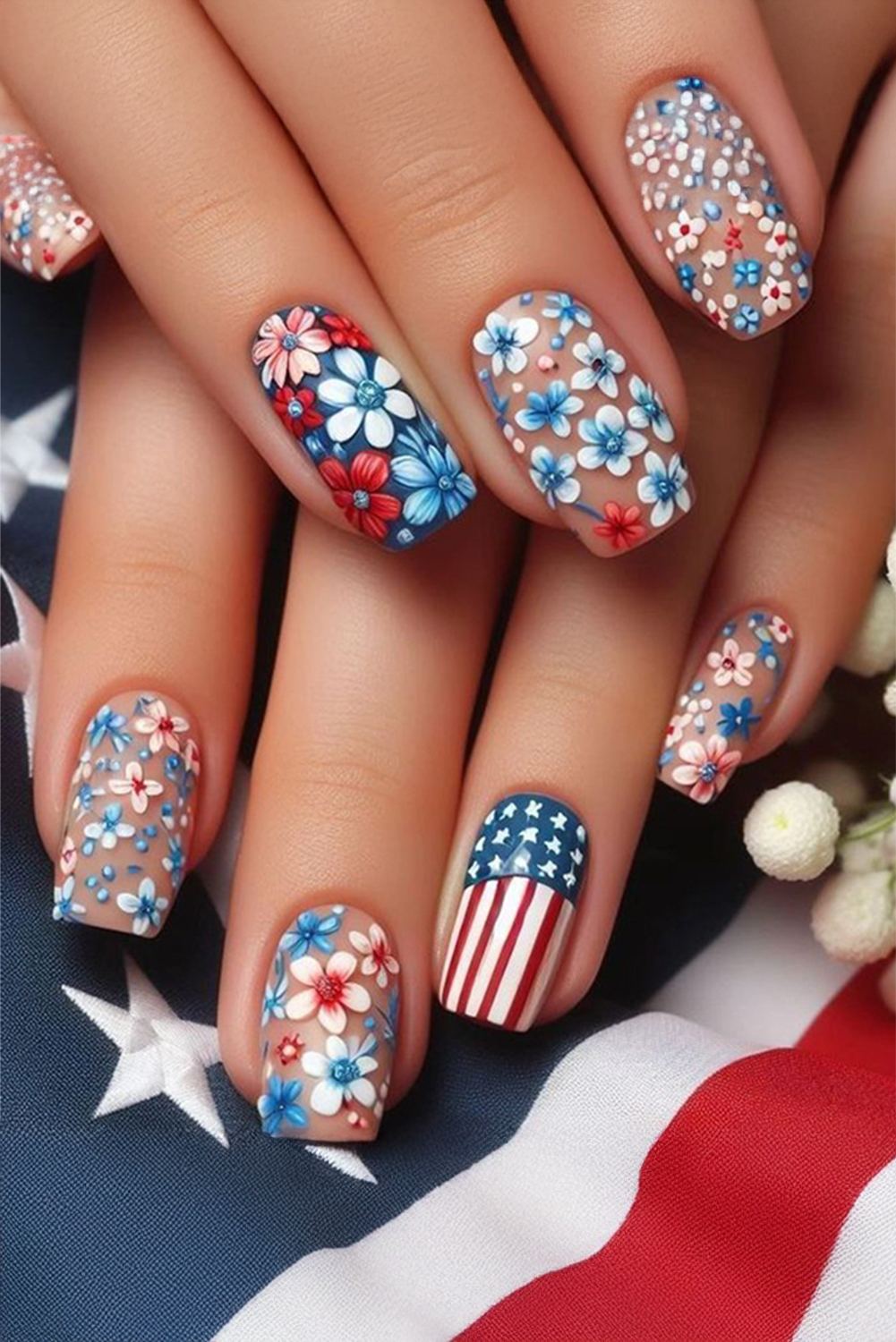 Sky Blue American Flag Flower Print Square False Nails - loveforevers