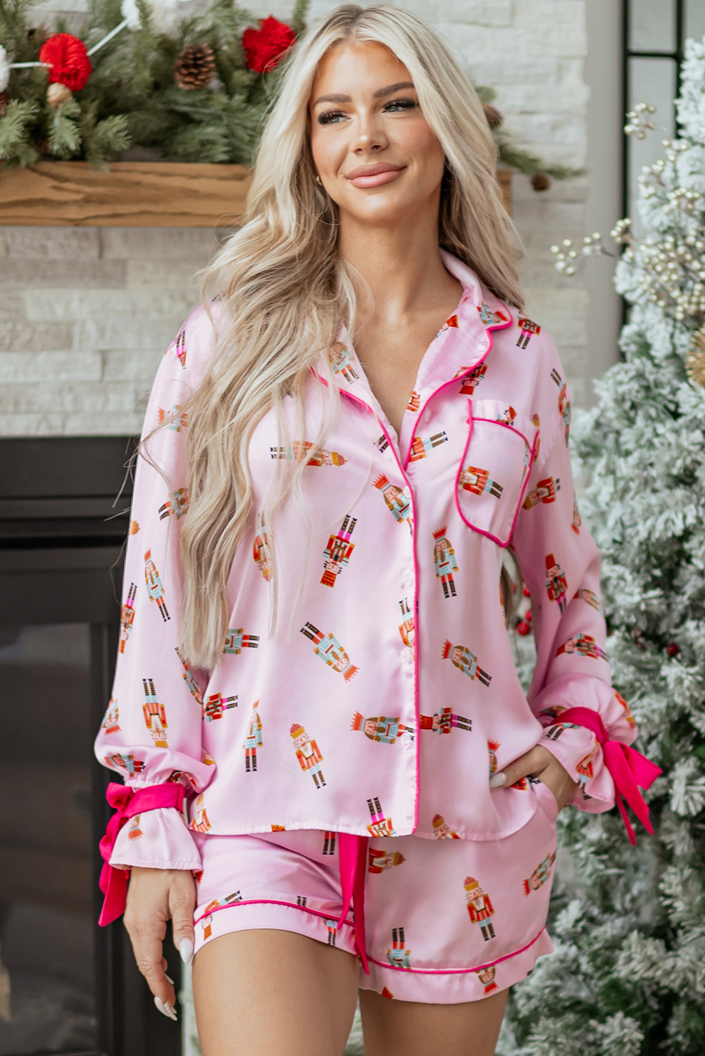 Pink Nutcracker Print Contrast Trim Tied up Bow Silky 2pcs Pajama Set - loveforevers