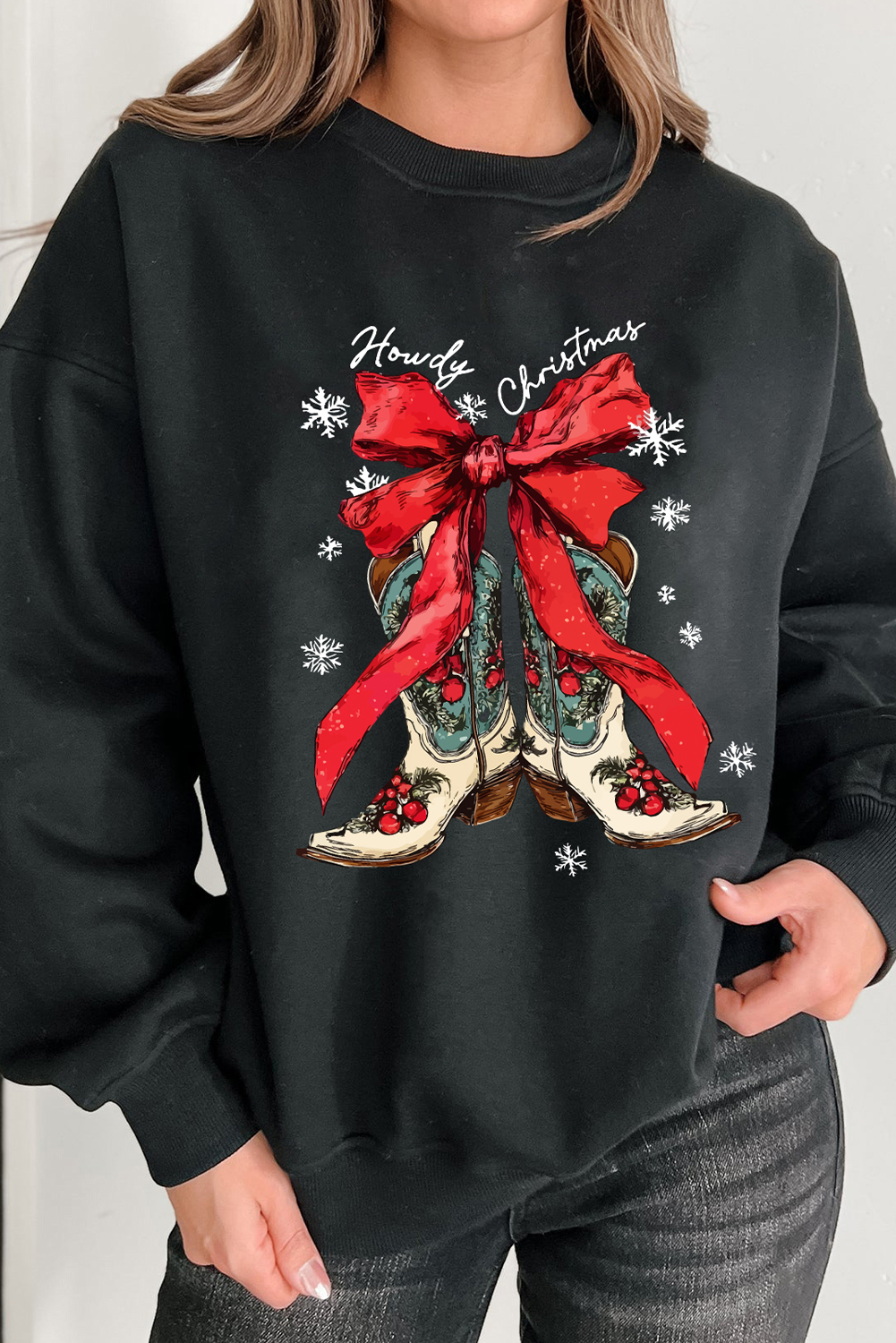 Black Howdy Christmas Ribbon Bow Knot Western Boots Graphic Sweatshirt - loveforevers