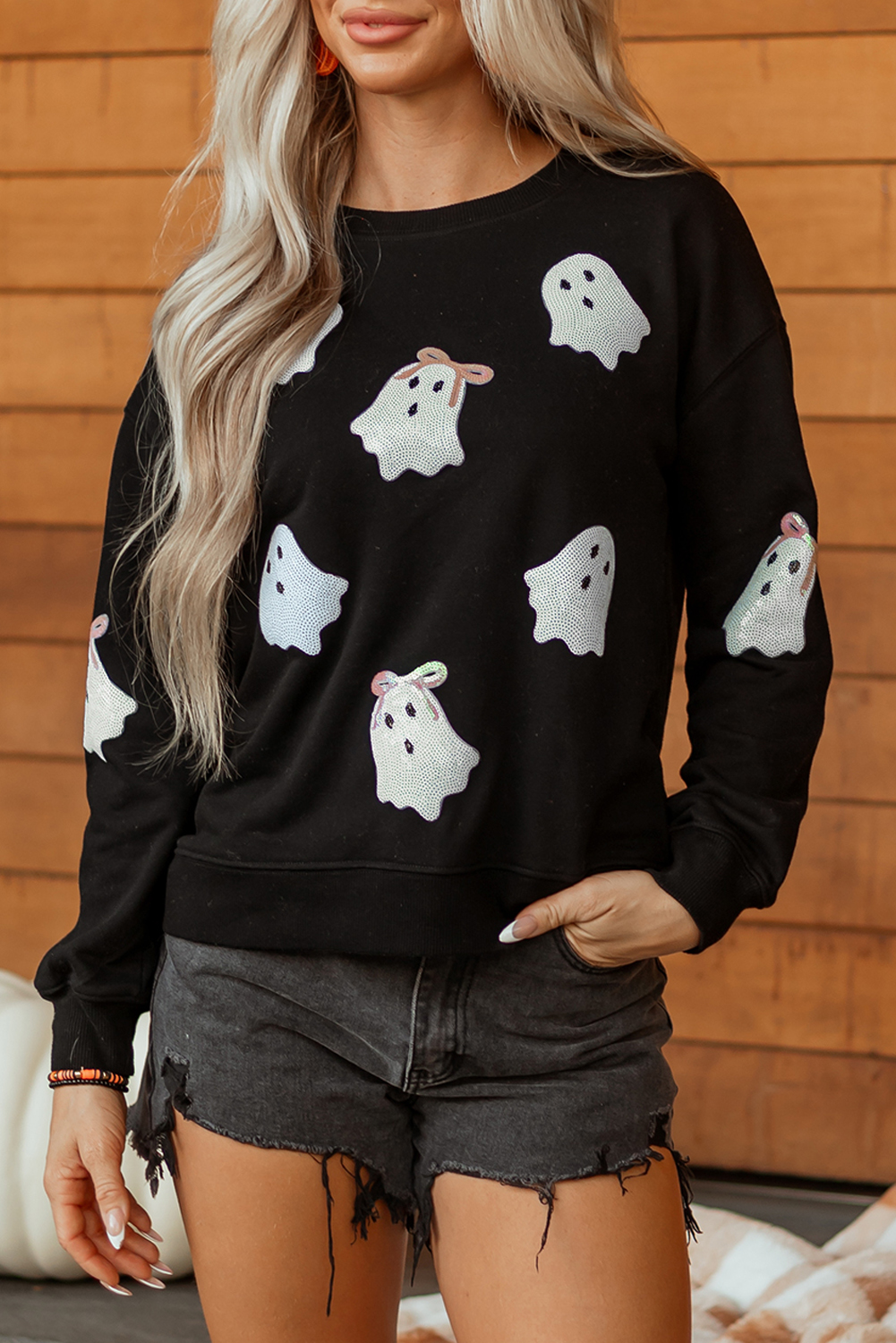Wisteria Glitter Trim Chenille Ghost Patched Halloween Graphic Tee - loveforevers