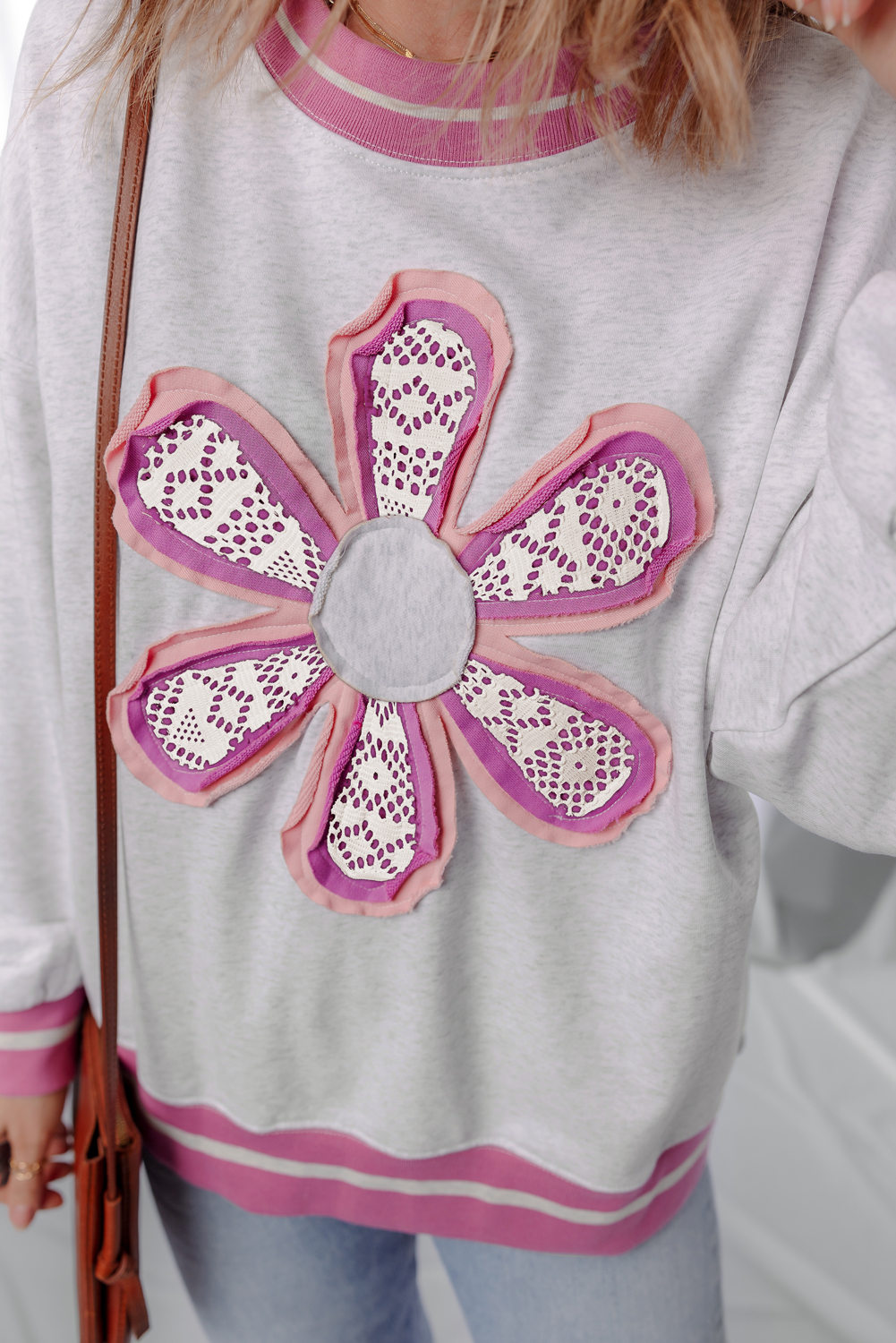 Gray Flower Patch Contrast Trim Crew Neck Sweatshirt - loveforevers