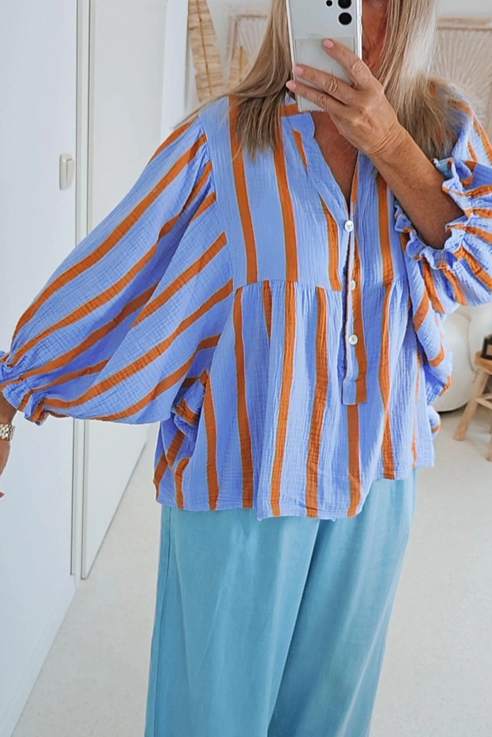 Sky Blue Stripe Crinckled Ruffled Sleeve Button up Loose Shirt - loveforevers