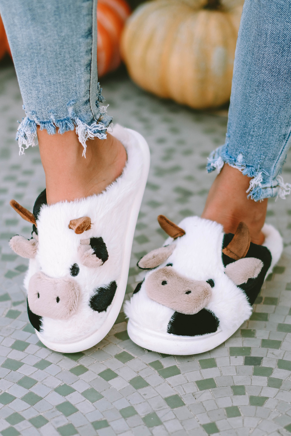 White Cartoon Animal Cow Plush Slippers - loveforevers