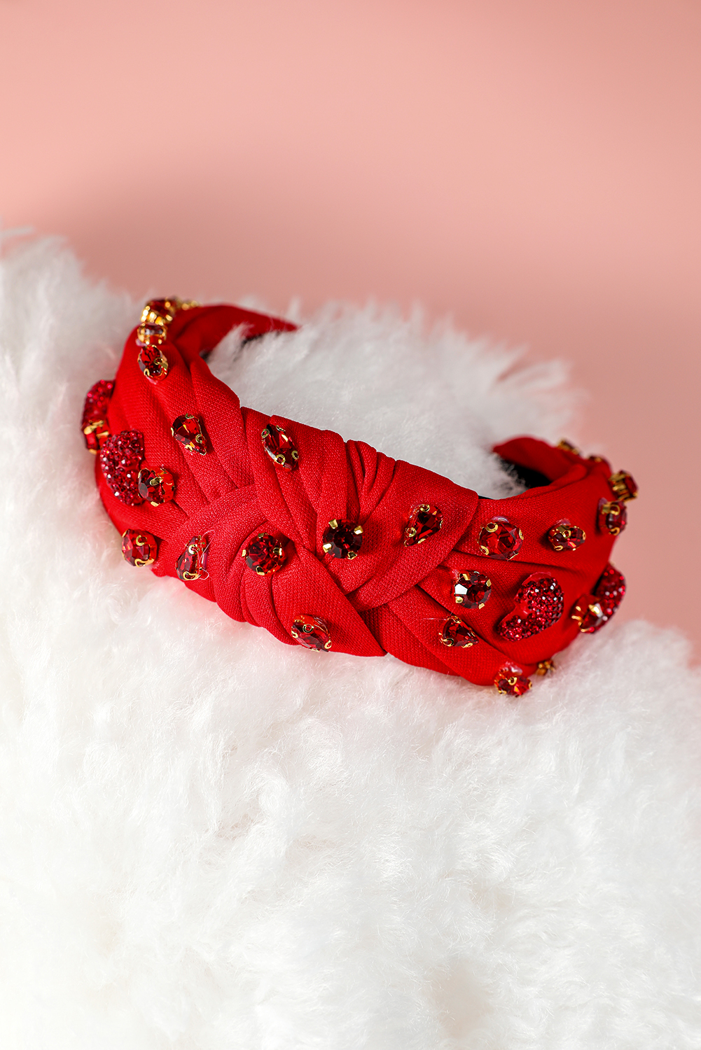 Fiery Red Rhinestone Heart Glass Drill Studded Knotted Wide Headband - loveforevers