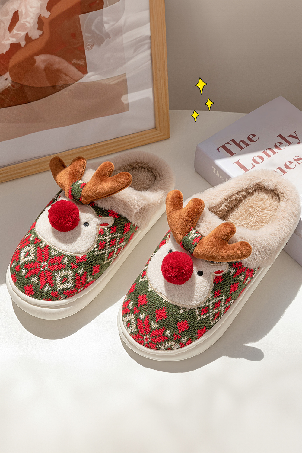 Dark Green Christmas Cartoon Reindeer Plush Home Slippers - loveforevers