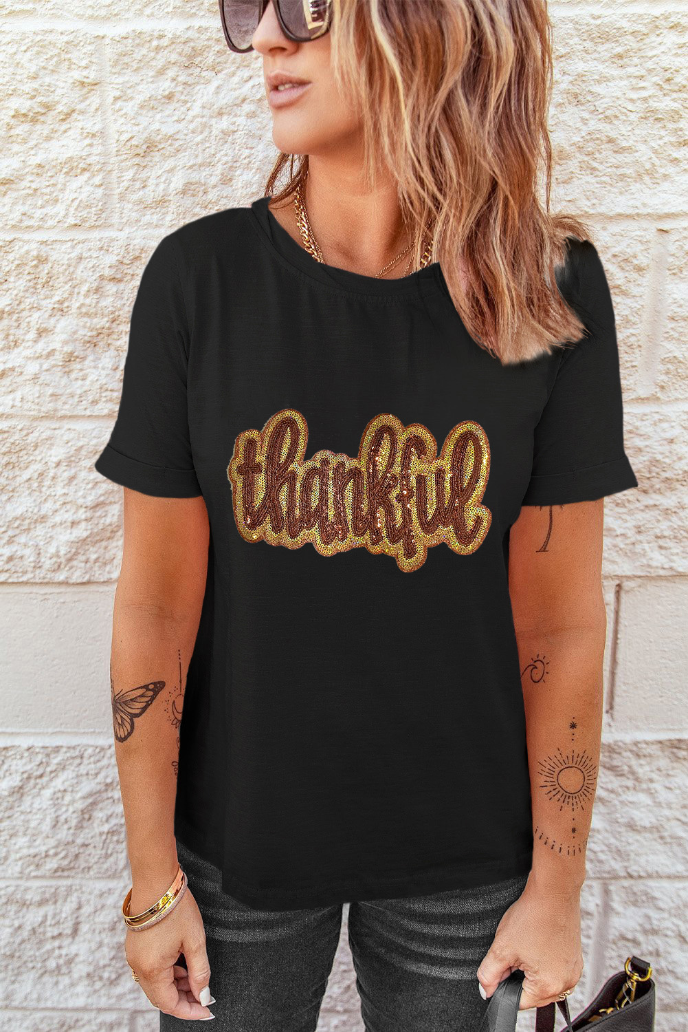 Black Sequined Thankful Round Neck Graphic Tee - loveforevers
