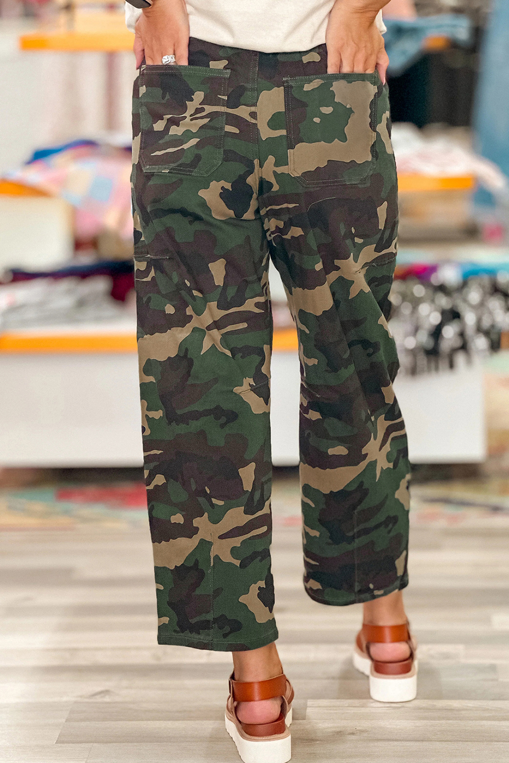 Green Camouflage Print Drawstring Patch Pocket Barrel Jeans - loveforevers