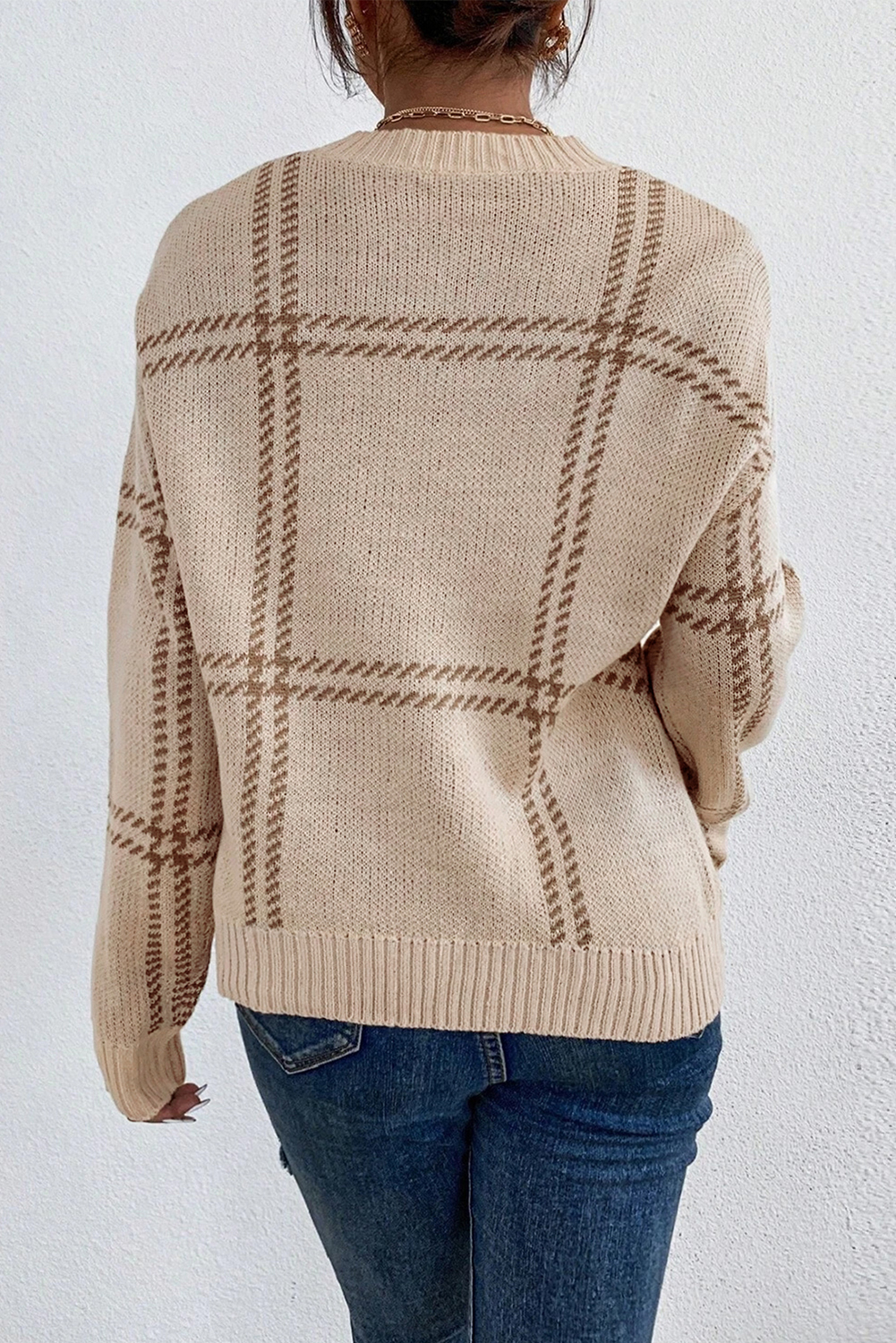 Khaki Plaid Pattern Knitted Drop Shoulder Sweater - loveforevers
