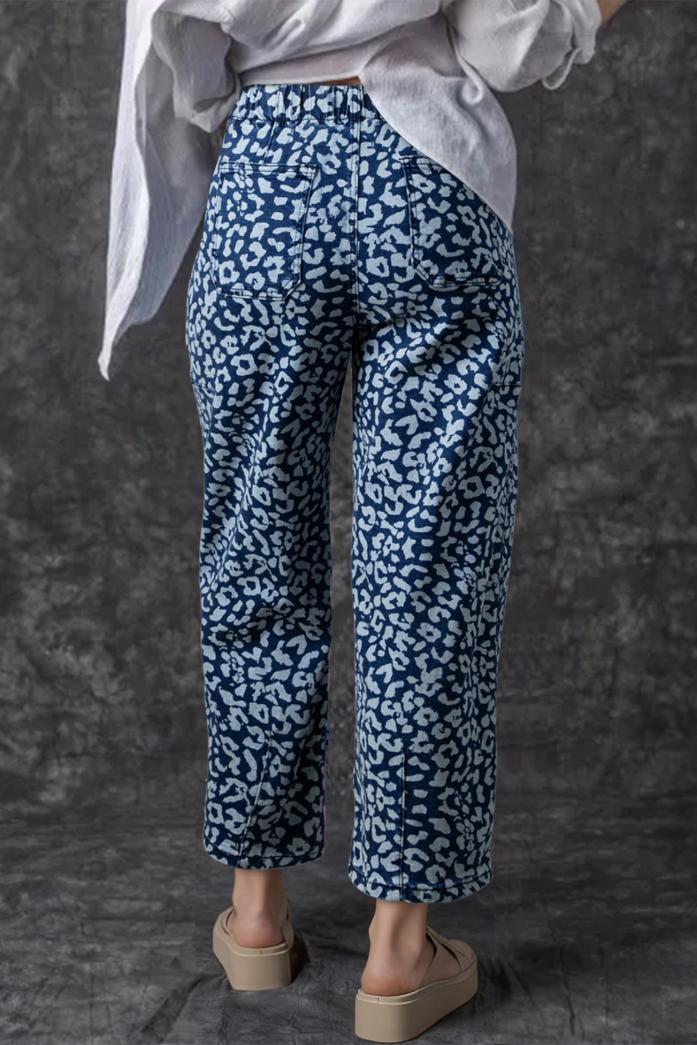 Khaki Leopard Printed Drawstring Elastic Waistband Pocketed Wide Leg Jeans - loveforevers