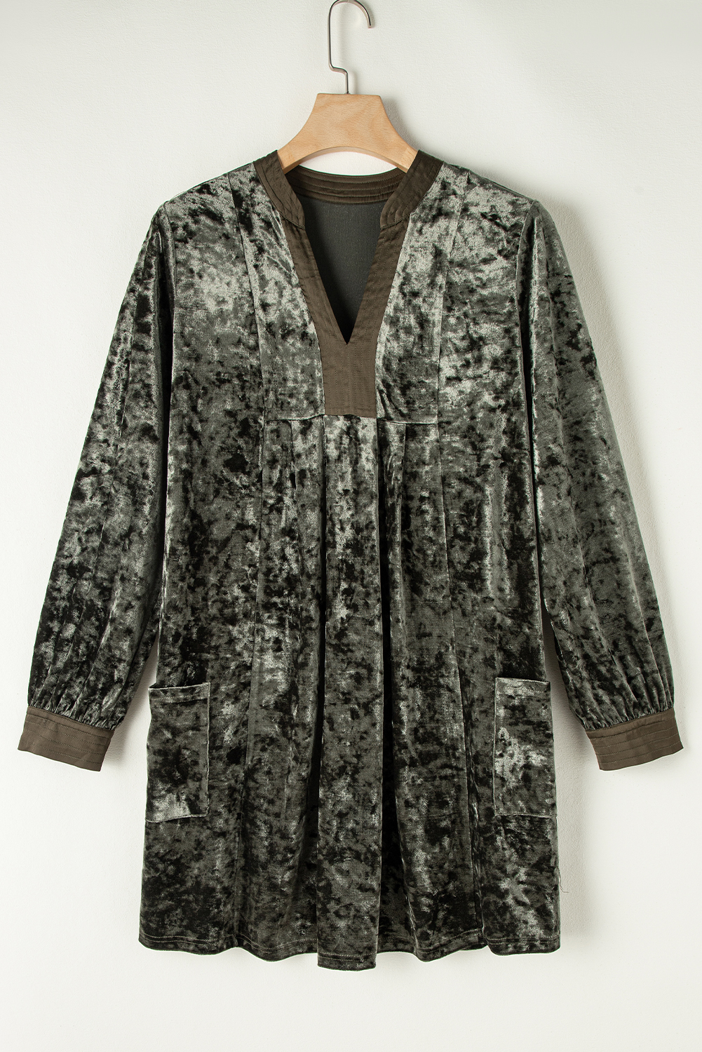 Jungle Green Velvet Long Sleeve V Neck Loose Dress with Pockets - loveforevers