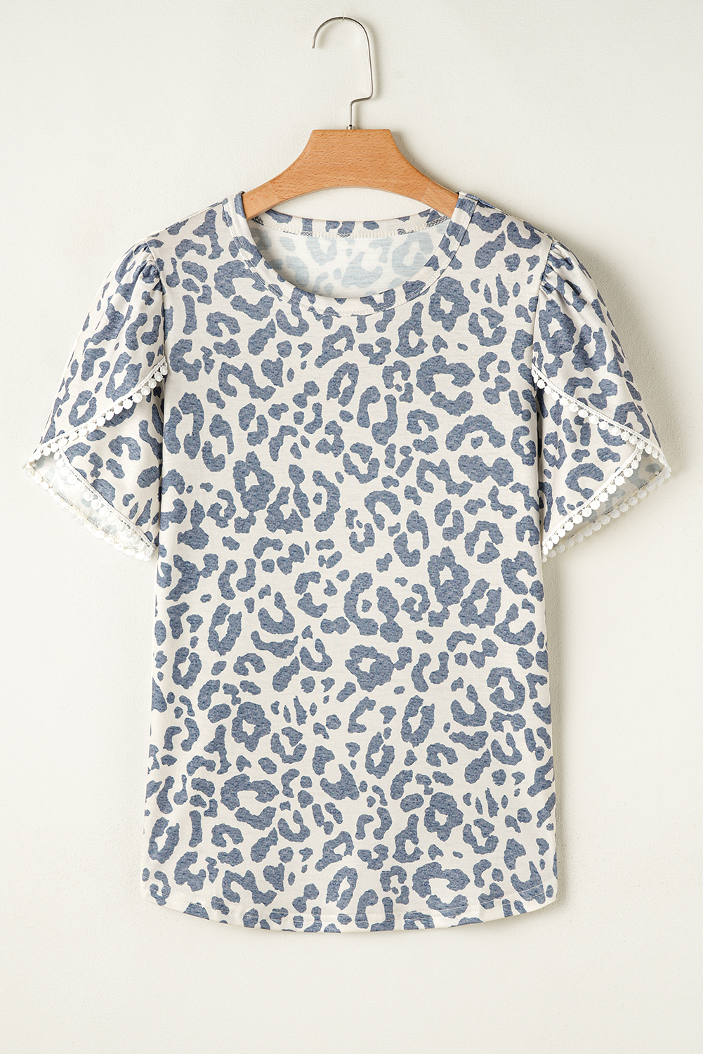 Beige Leopard Round Neck Lace Trim Petal Sleeve T Shirt - loveforevers
