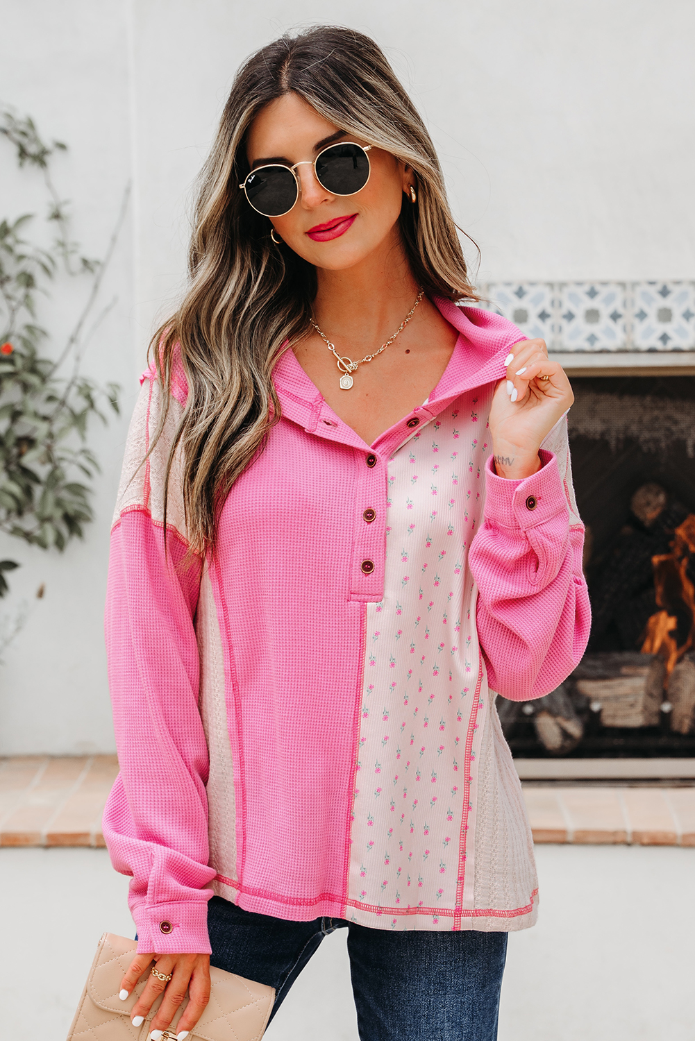 Pink Mixed Texture Waffle Floral Patchwork Hooded Oversize Pullover - loveforevers