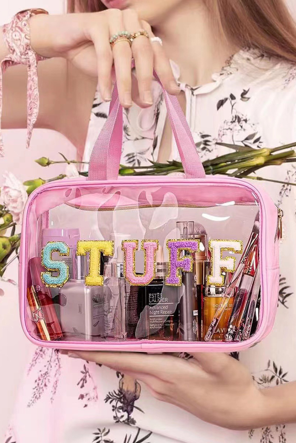 Light Pink TRAVEL Chenille Letter Clear PVC Makeup Bag - loveforevers