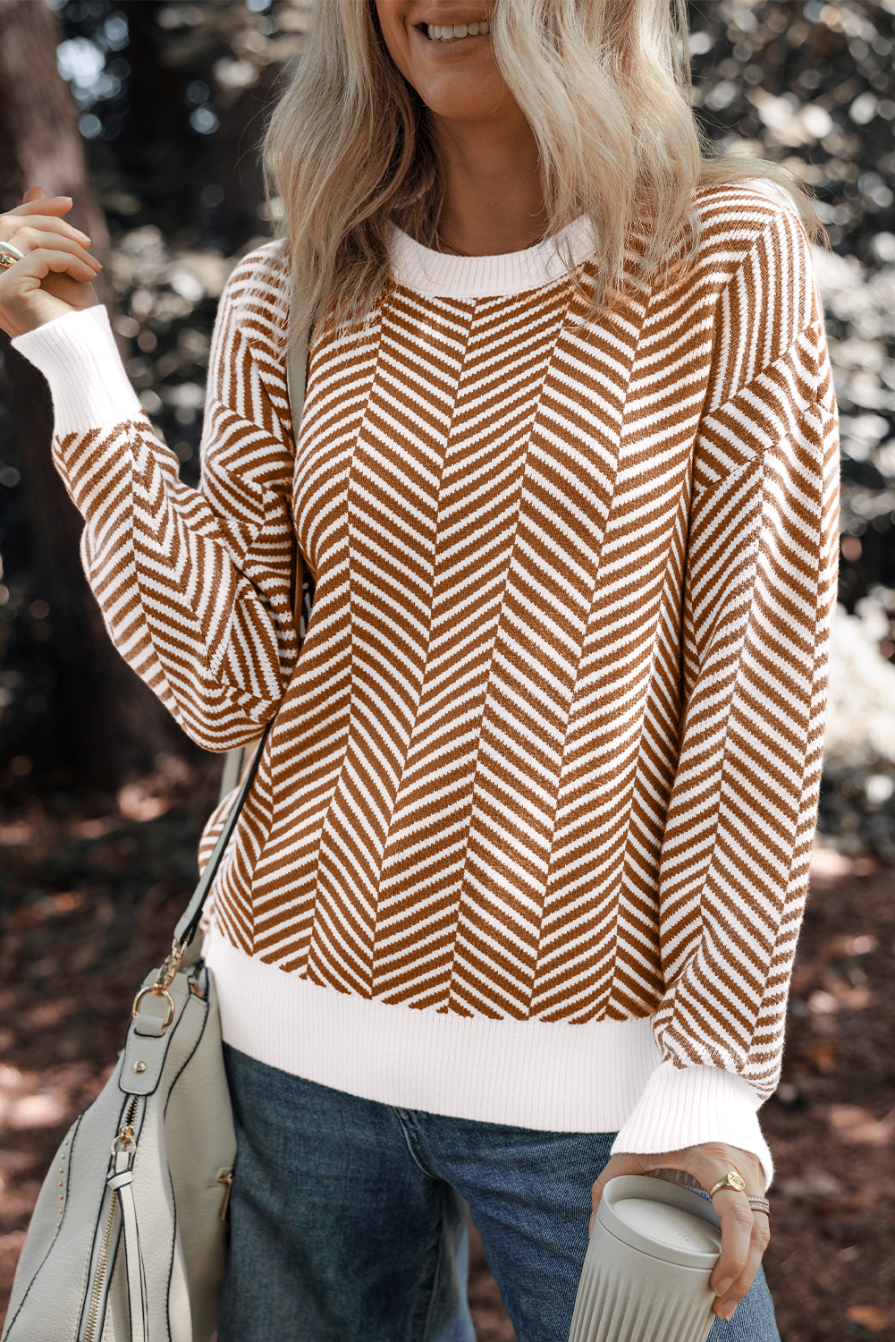 Coffee Contrast Edge Crew Neck Drop Shoulder Sweater - loveforevers